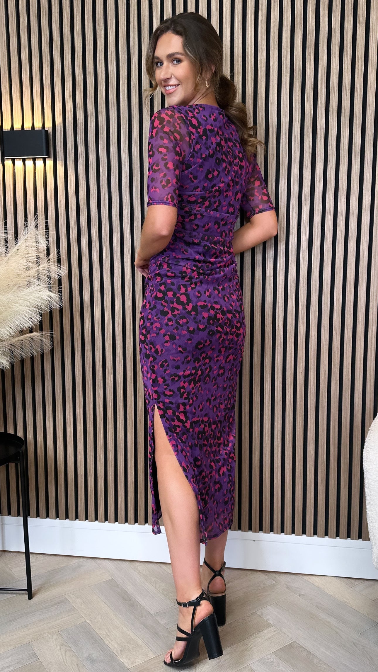 Cassie Purple Printed Mesh Short Sleeved Maxi Dress