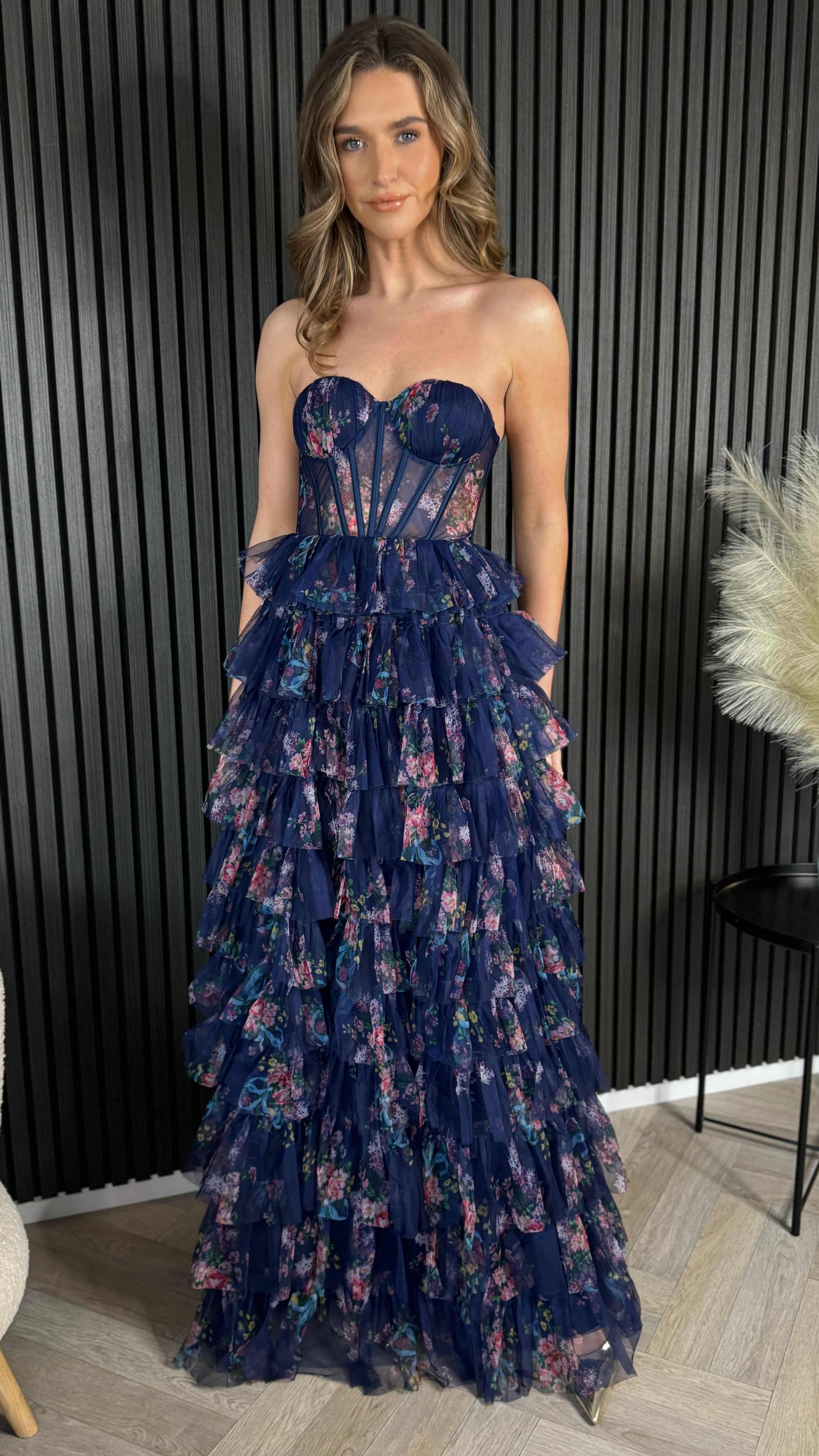 Talia Navy Floral Print Tiered Tulle Midi Dress