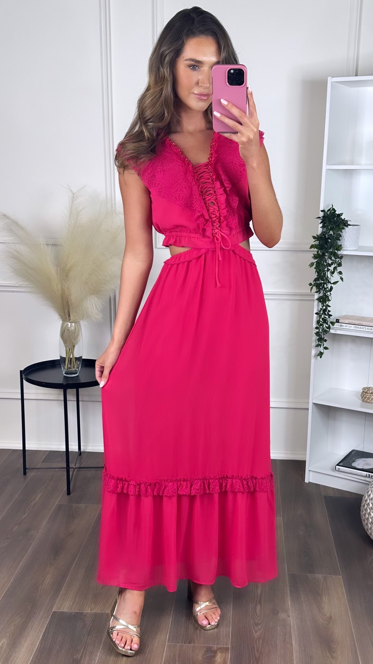 Marietta Fuchsia Frill Detail Cut Out Midaxi Dress