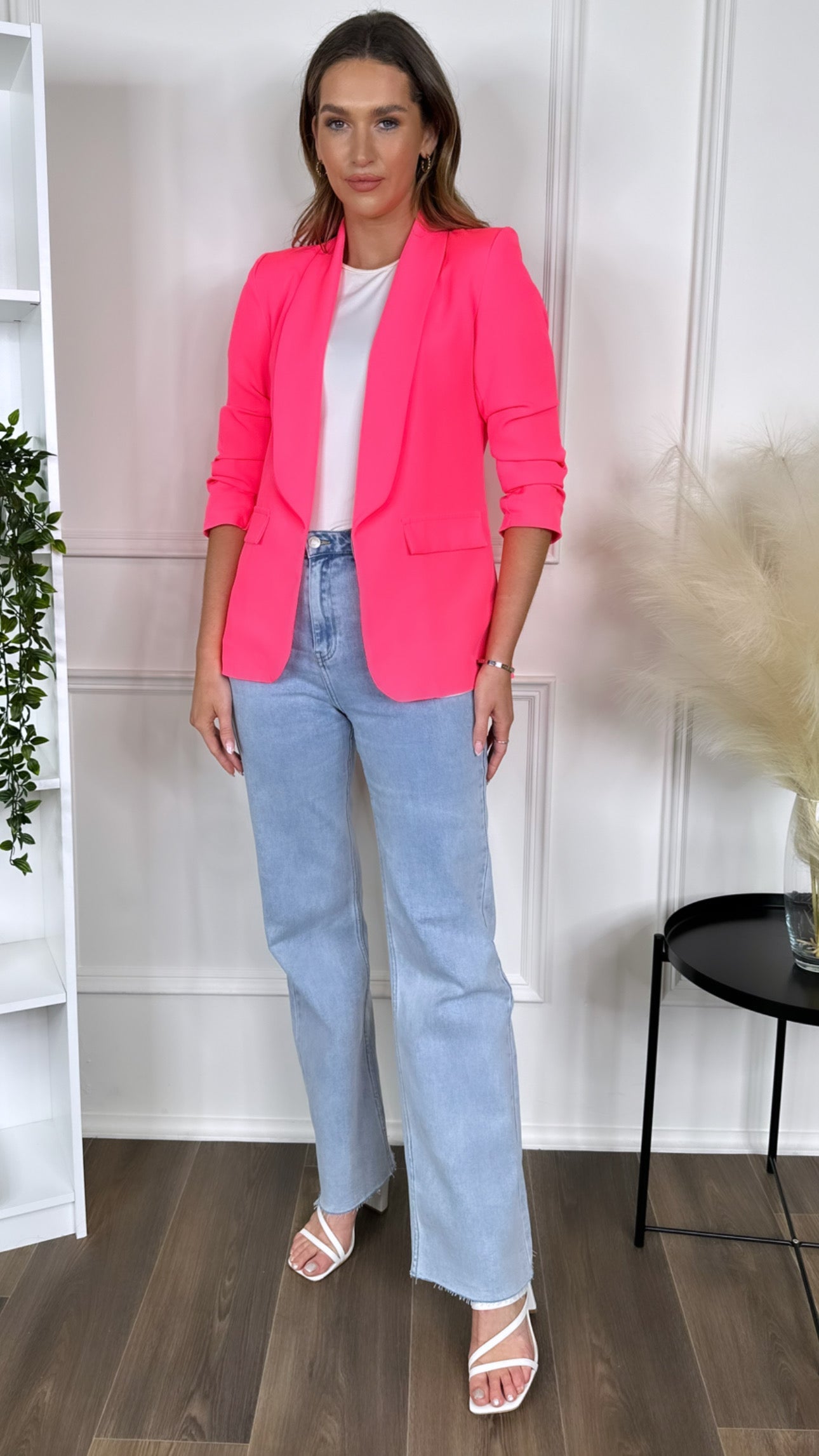 Bright Pink Ruched Sleeve Blazer