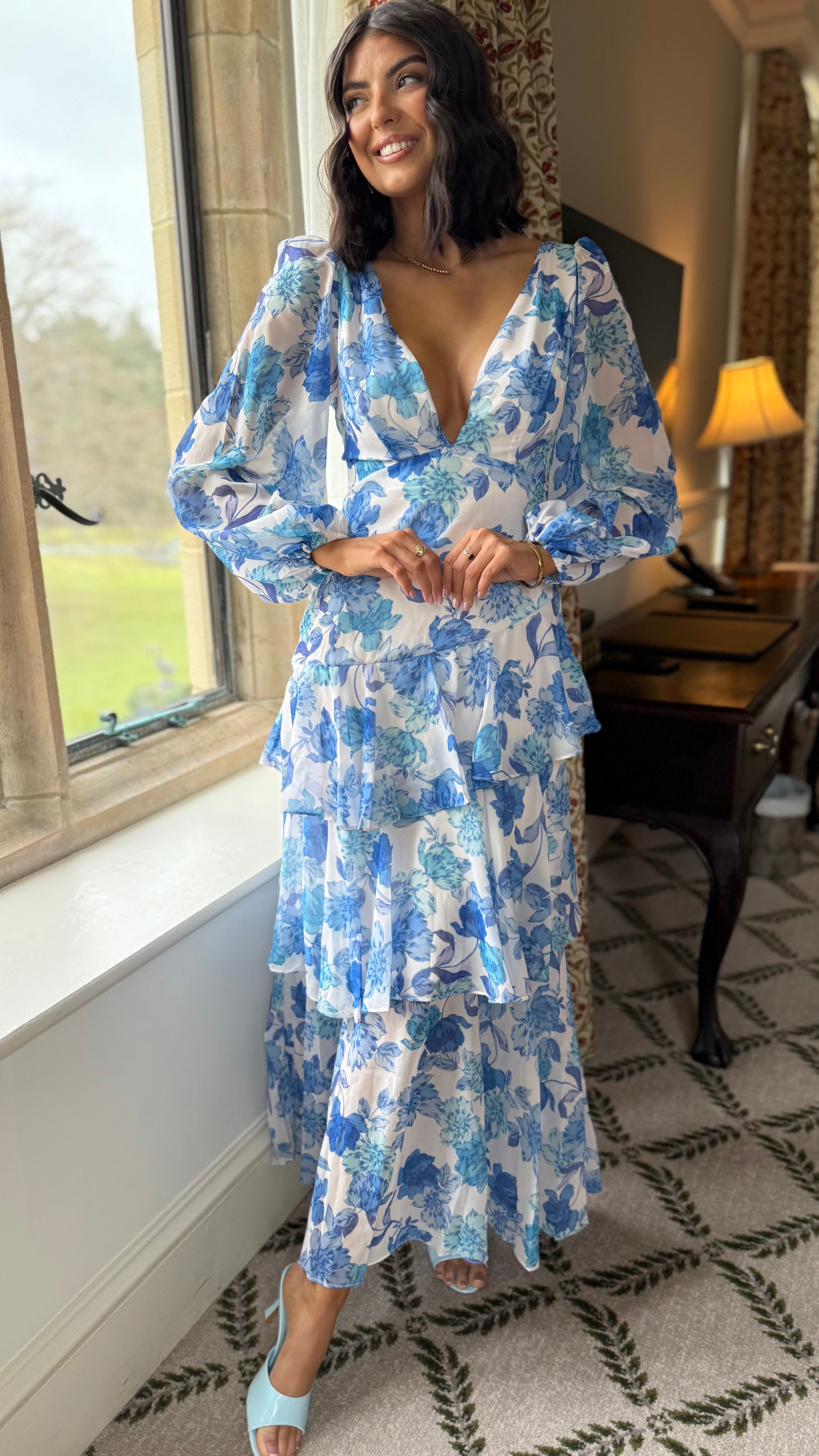 Mariah Blue Floral Tie Back Long Sleeve Tiered Maxi Dress