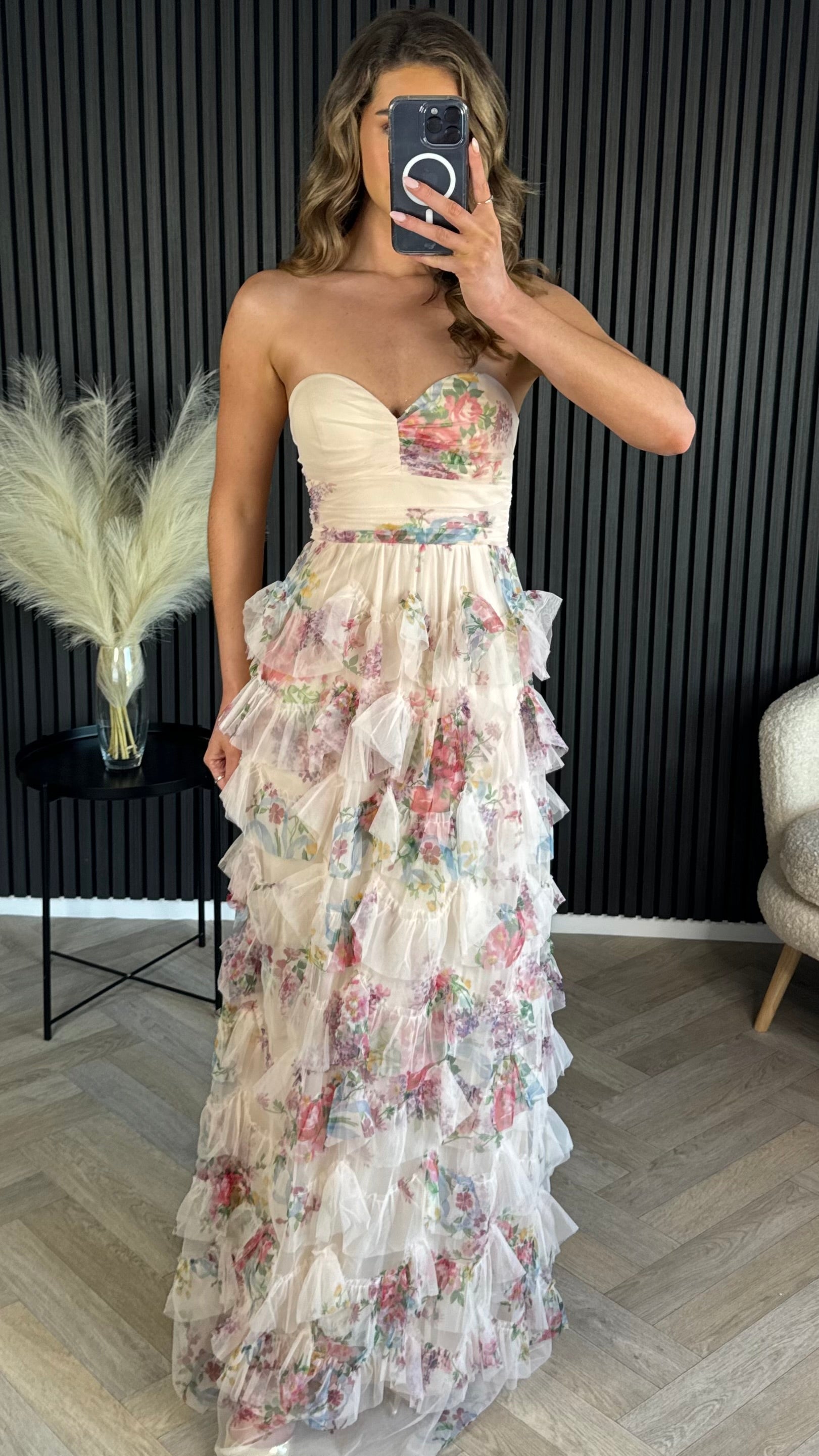 Kassiana Beige Floral Print Bandeau Tulle Maxi Dress