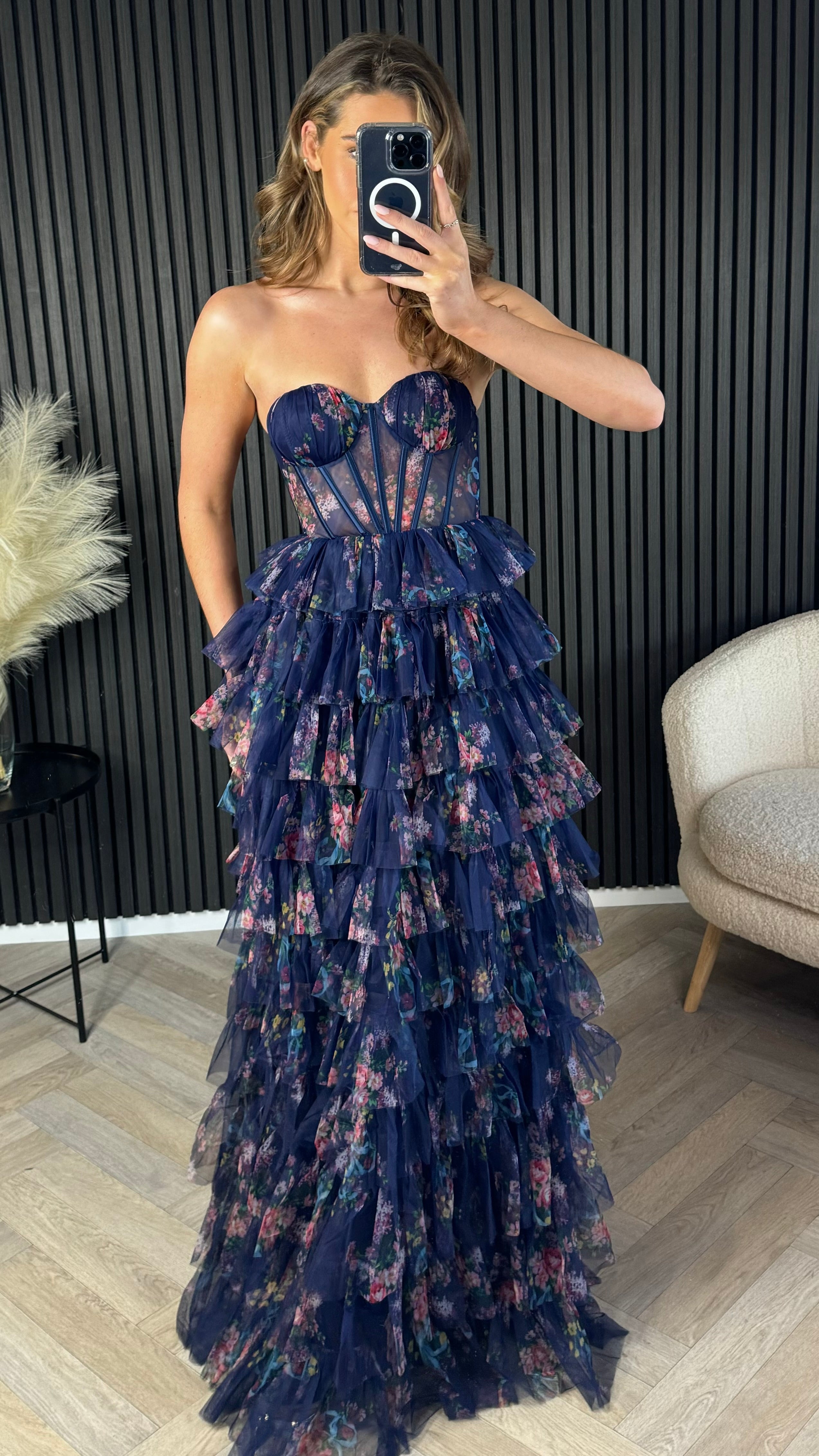 Talia Navy Floral Print Tiered Tulle Midi Dress