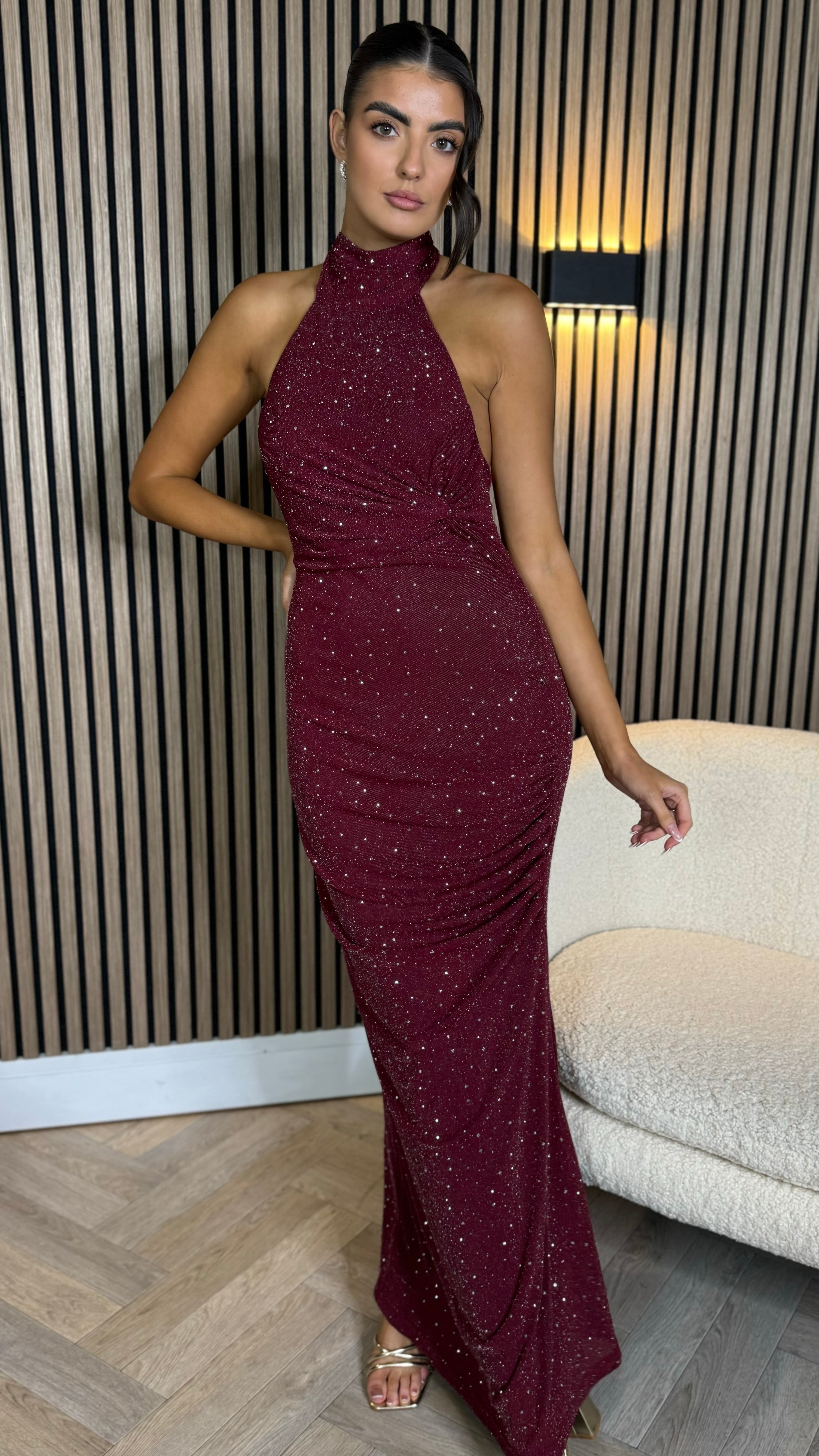 Zelda Burgundy Sparkle Halter Neck Maxi Dress