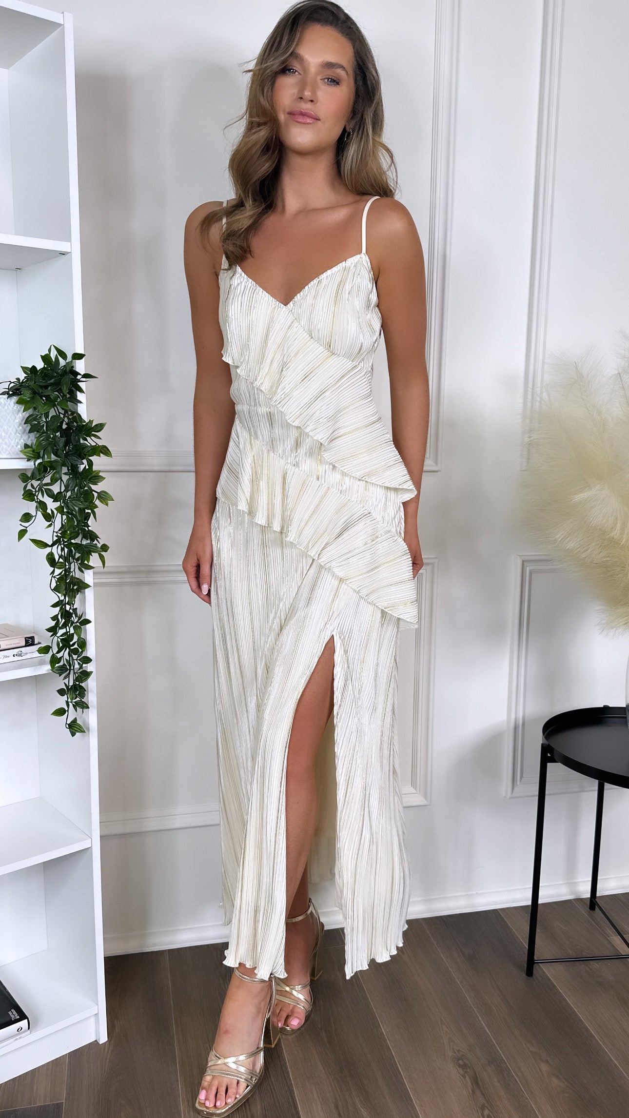 Shelby Cream & Gold Strappy Frill Detail Maxi dress