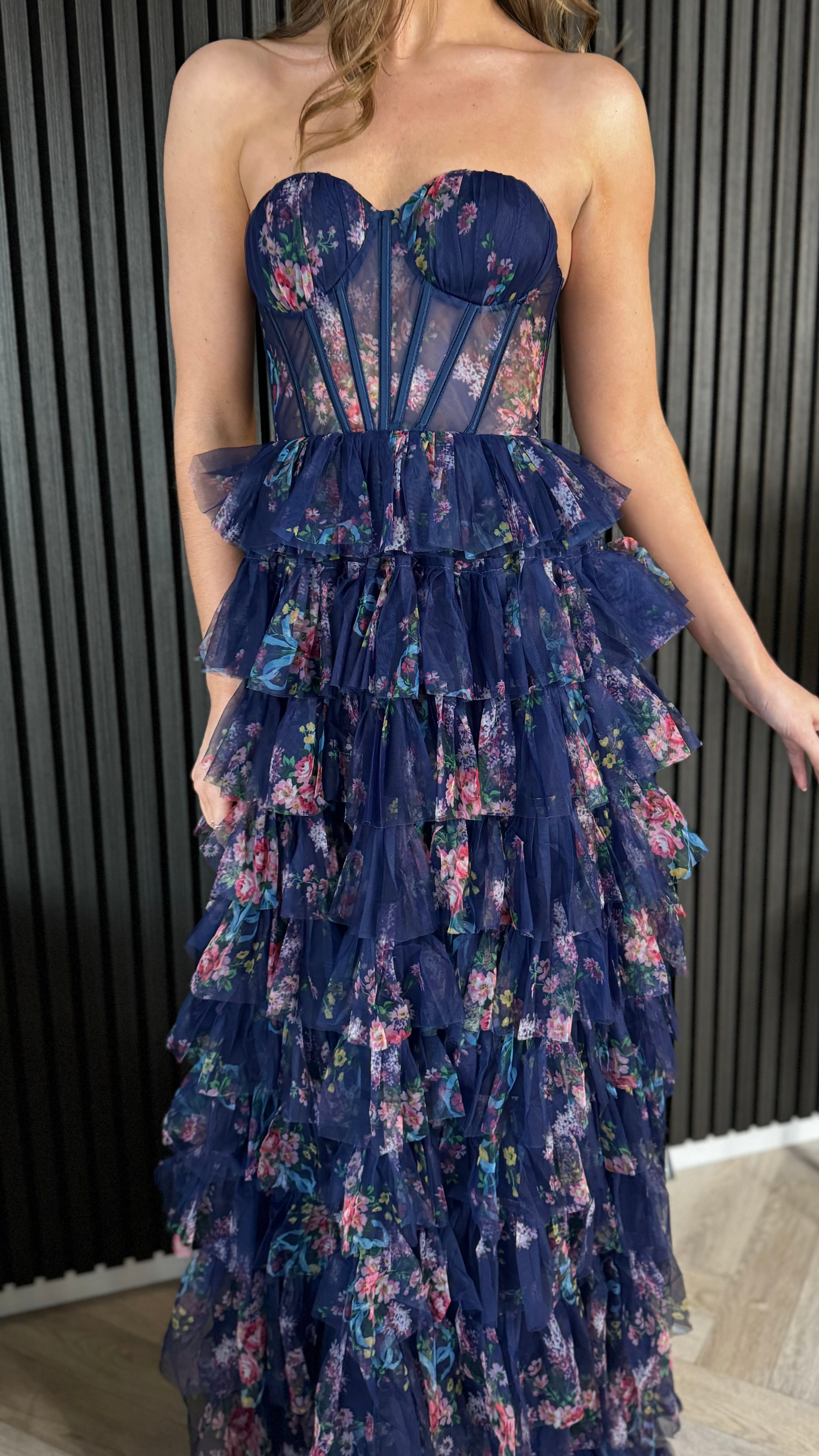 Talia Navy Floral Print Tiered Tulle Midi Dress