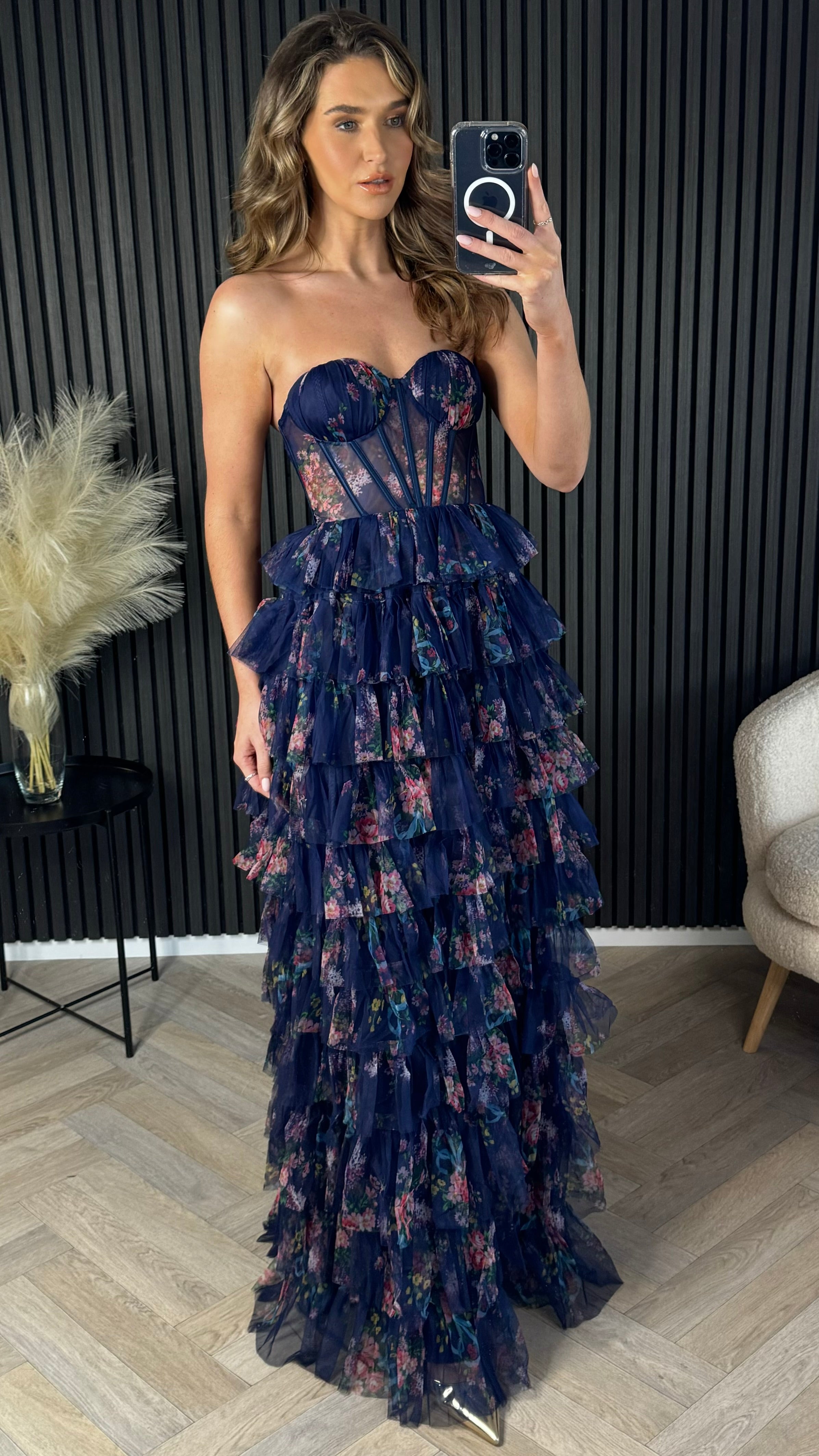 Talia Navy Floral Print Tiered Tulle Midi Dress