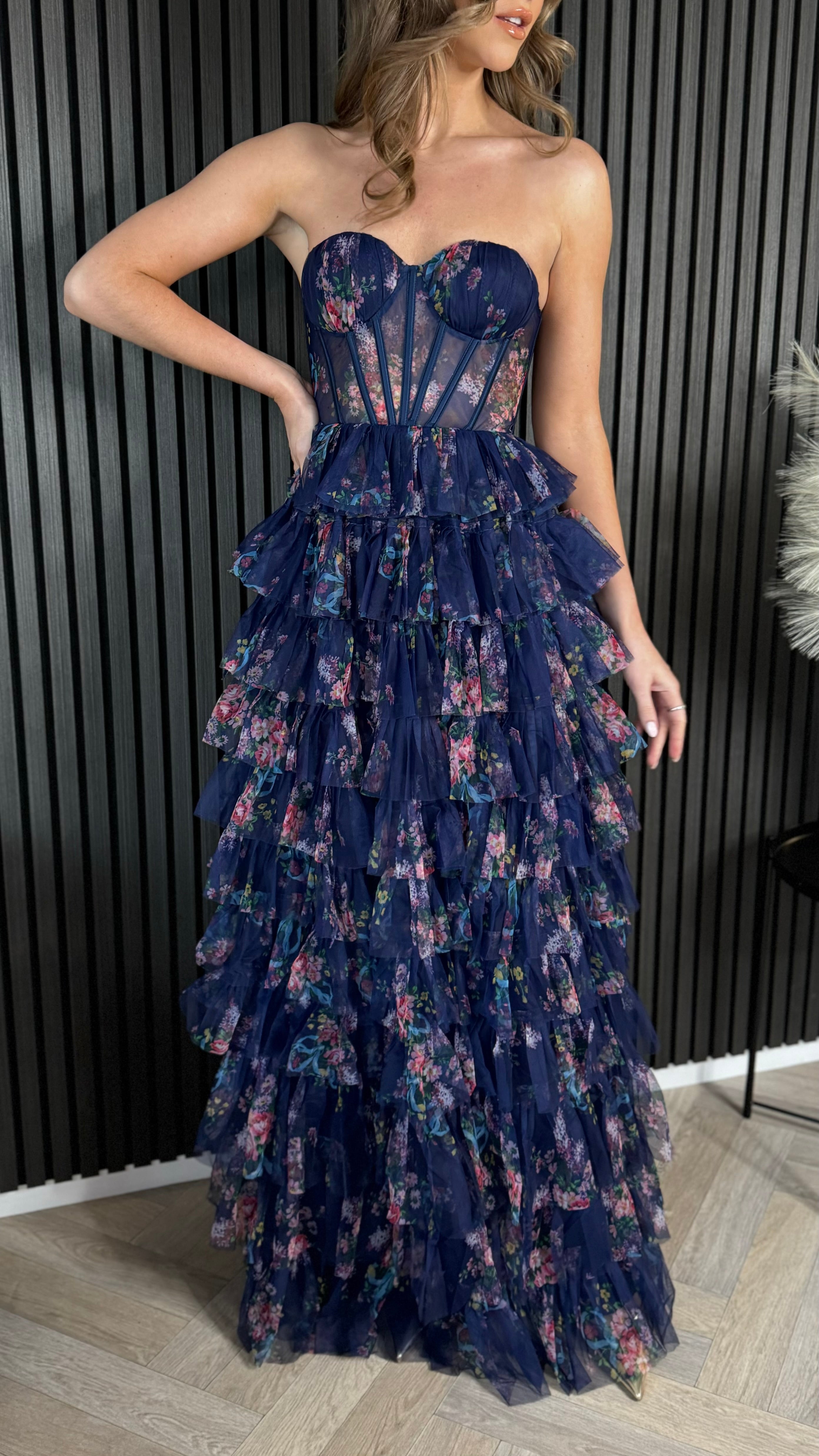 Talia Navy Floral Print Tiered Tulle Midi Dress