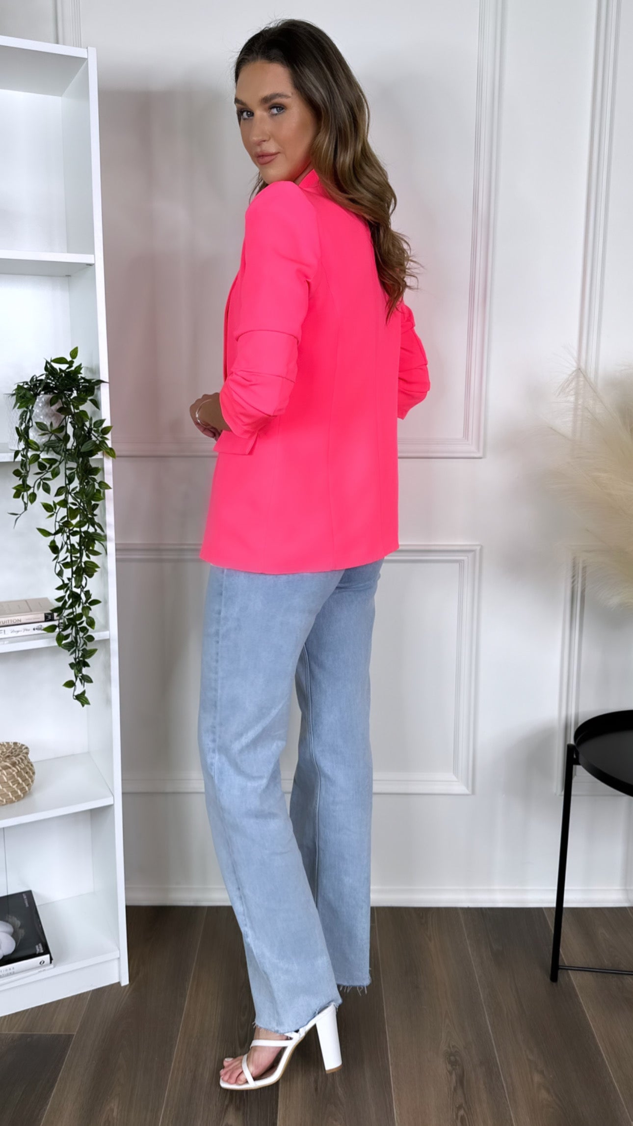 Bright Pink Ruched Sleeve Blazer