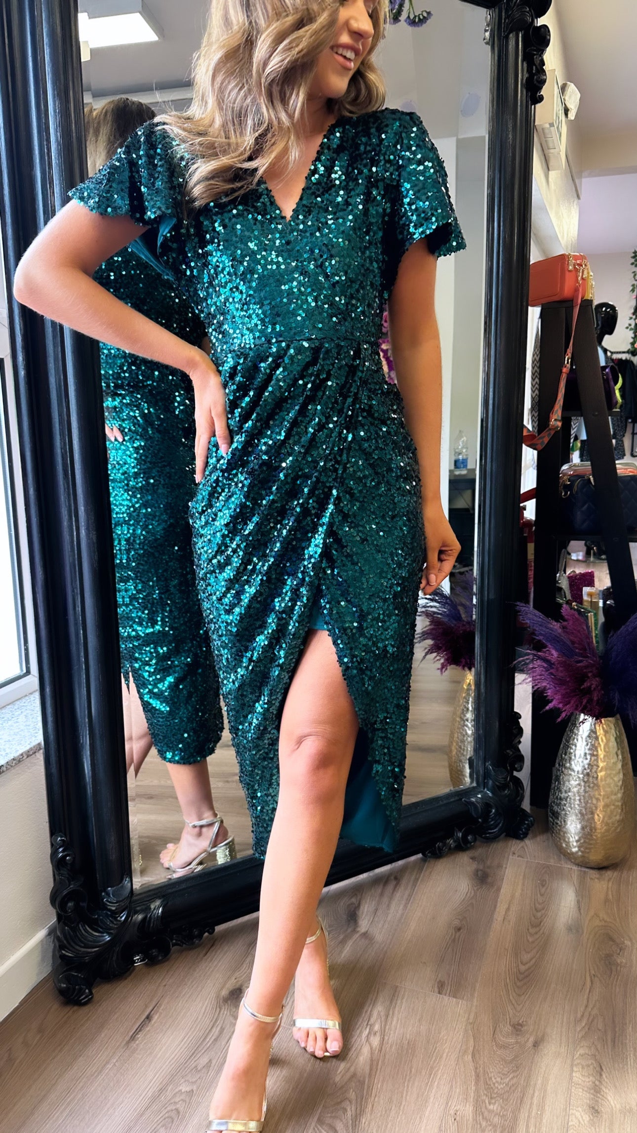 Shalima Green Sequin Wrap Over Maxi Dress