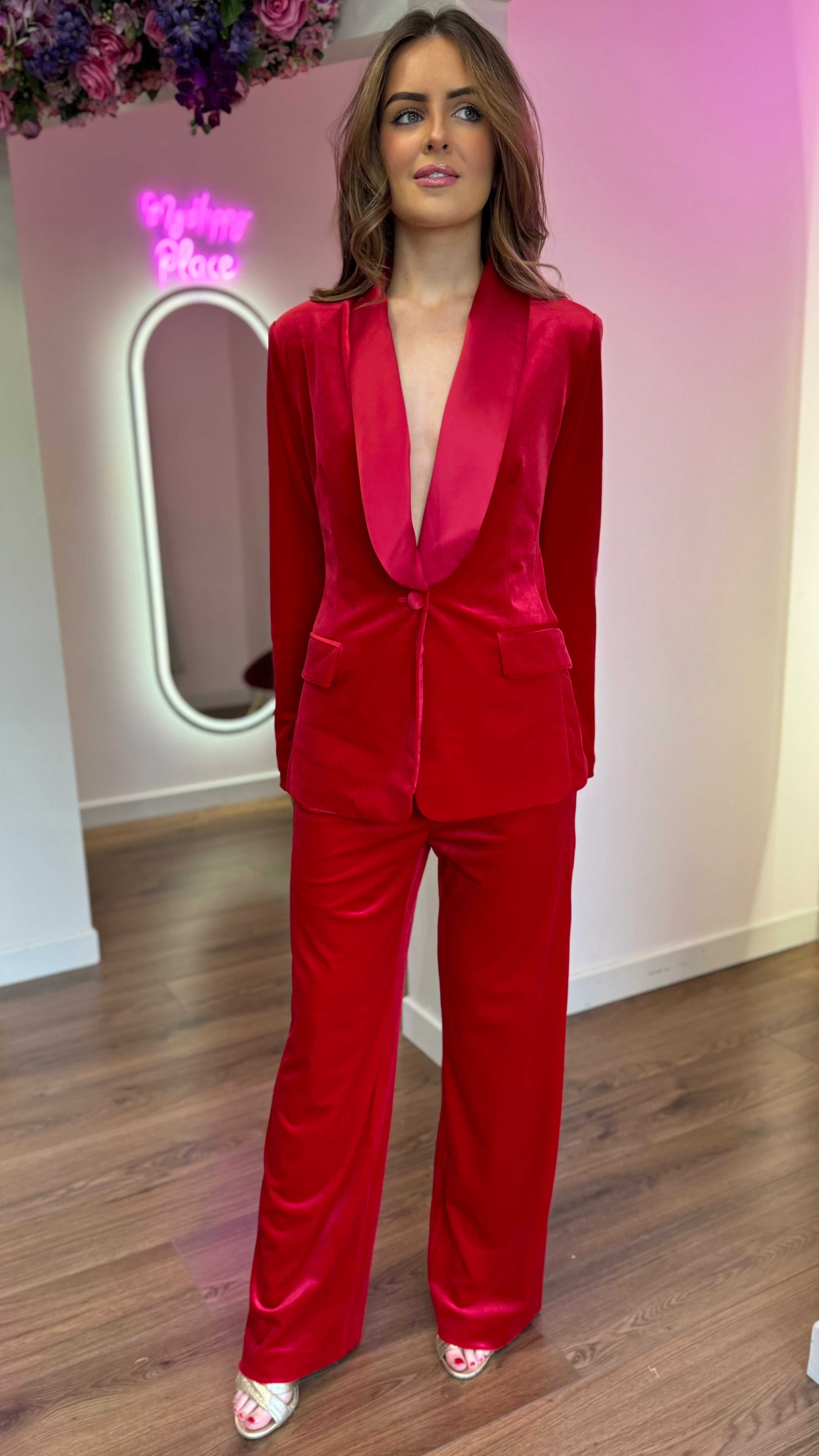 Carina Red Velvet Trousers & Blazer Co-Ord