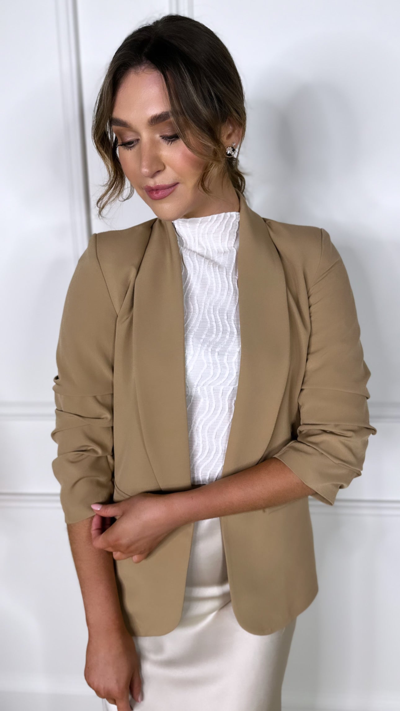 Camel Ruched Sleeve Blazer