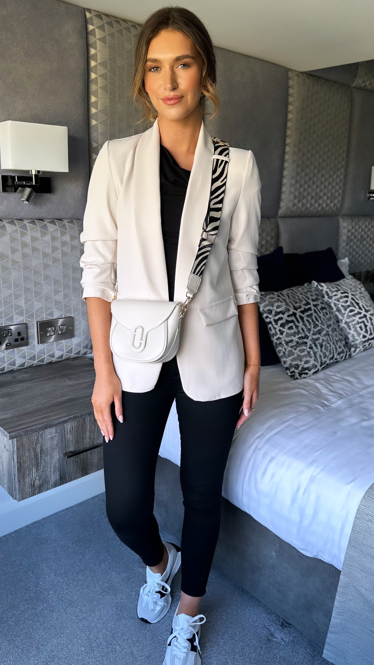 Beige Ruched Sleeve Blazer