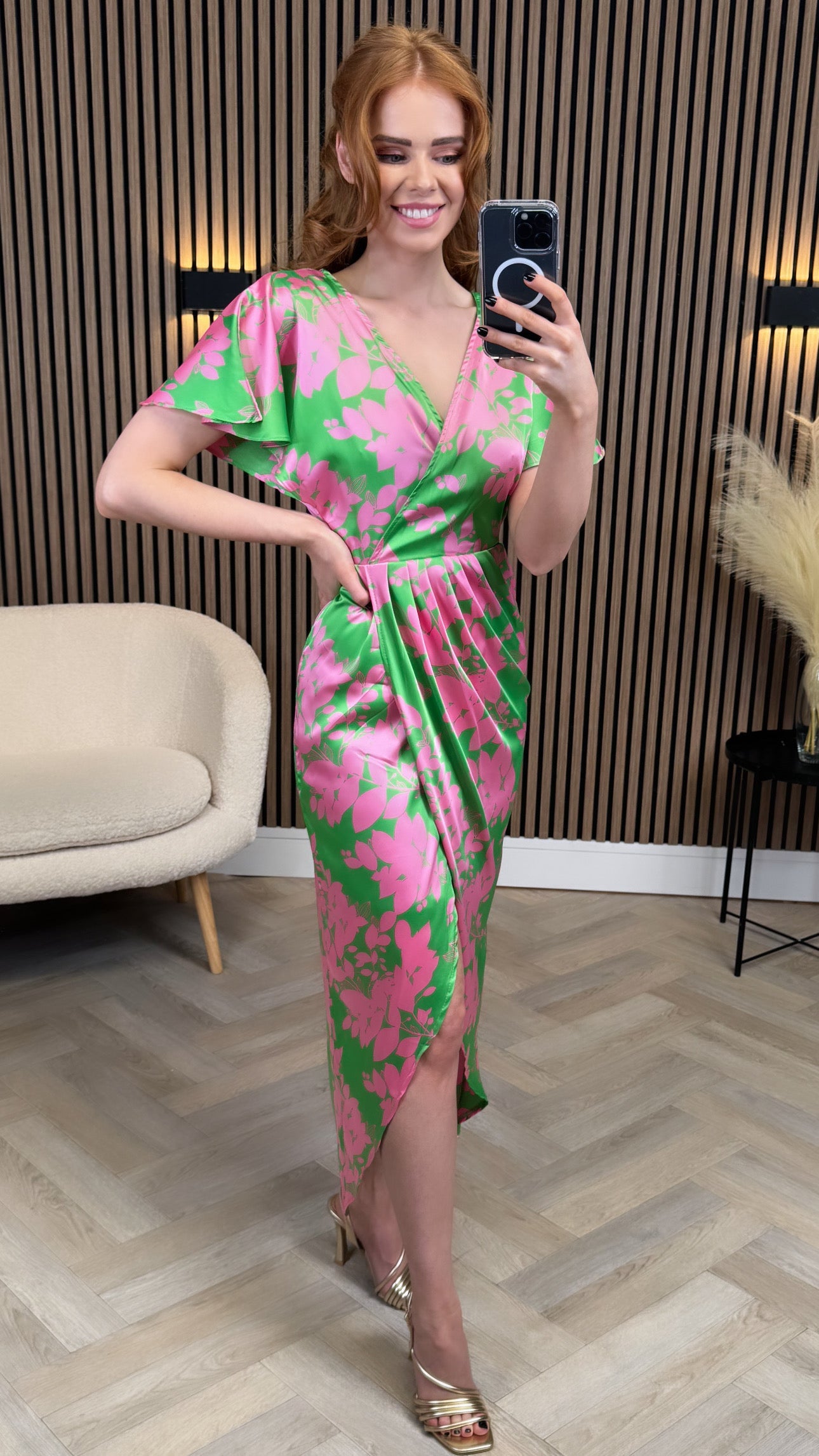 Havana Pink & Green Wrap Over Maxi Dress