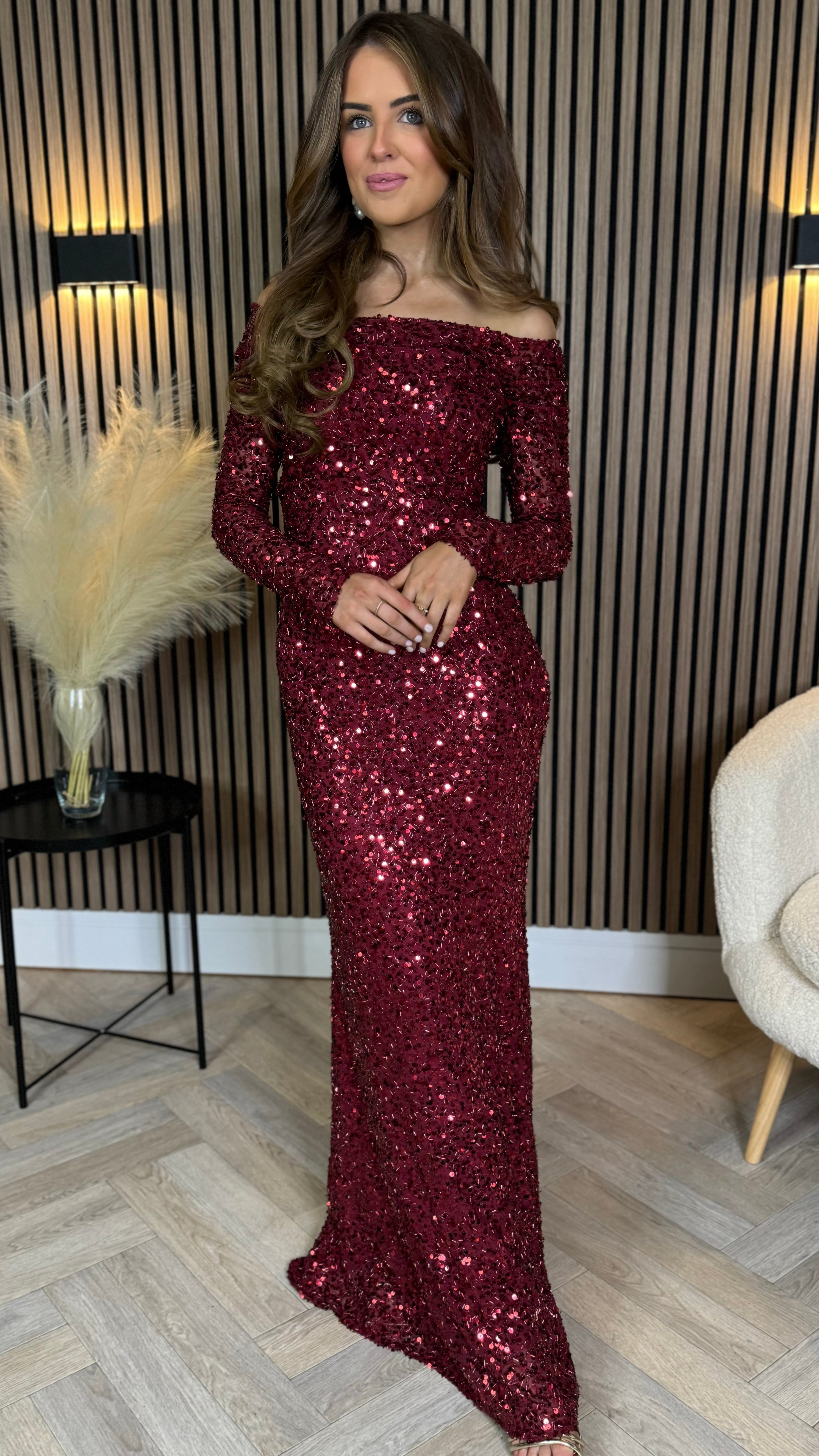 Rio Red Sequin Detail Off Shoulder Long Sleeve Maxi Dress