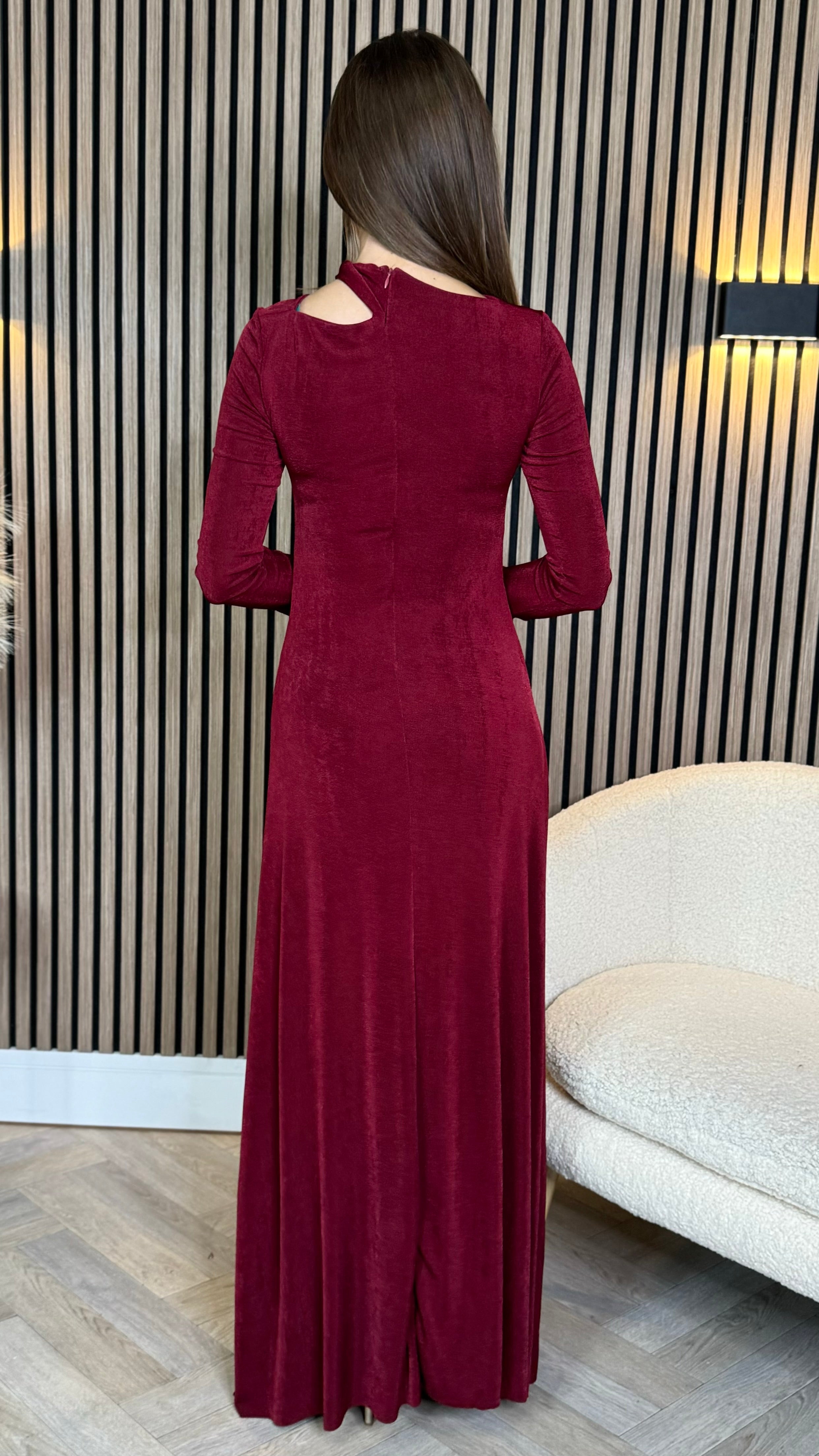 Ayda Burgundy Split Neckline Brooch Detail Maxi Dress