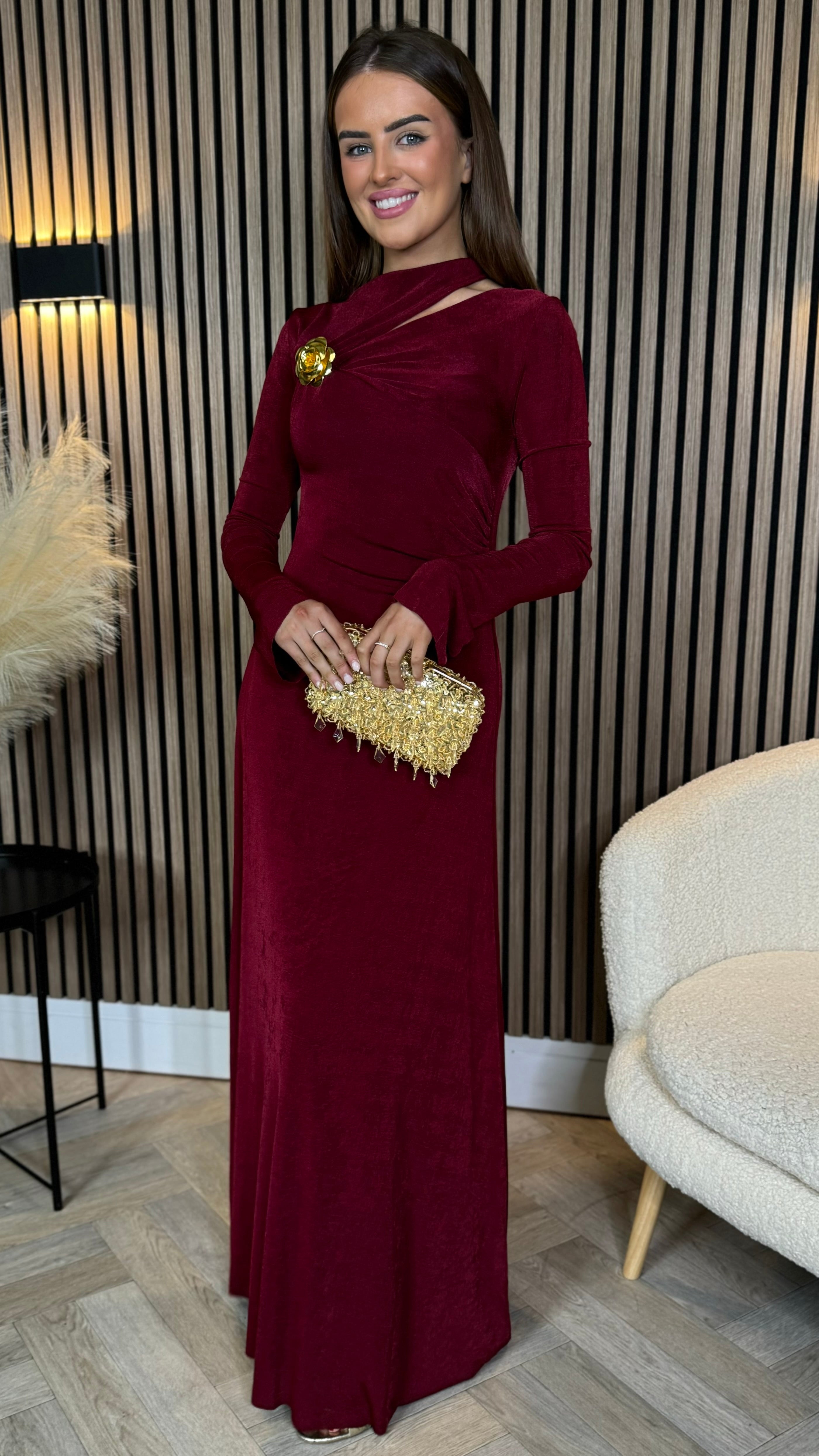 Ayda Burgundy Split Neckline Brooch Detail Maxi Dress