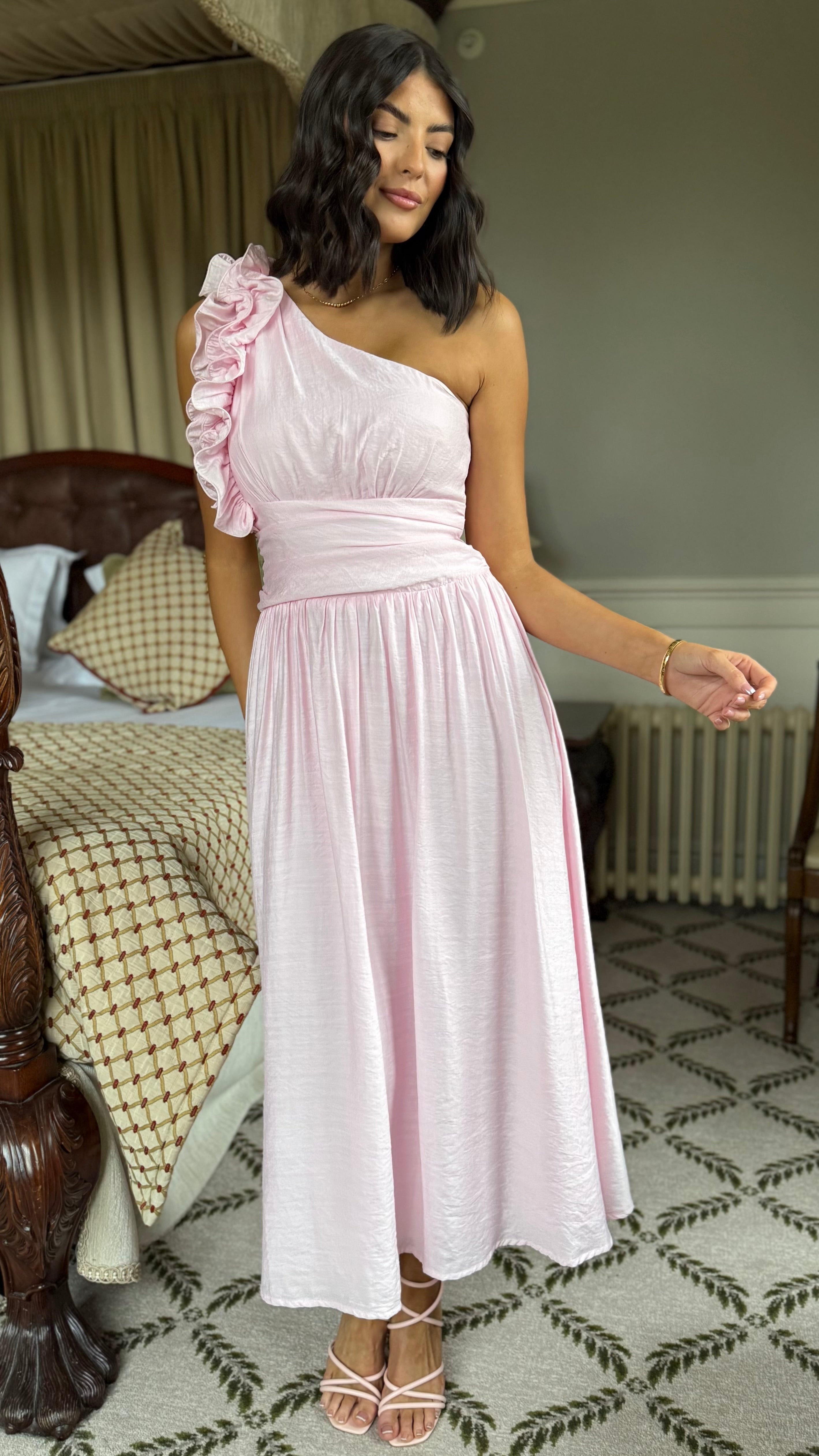 Francesca Baby Pink One Shoulder Ruffle Maxi Dress