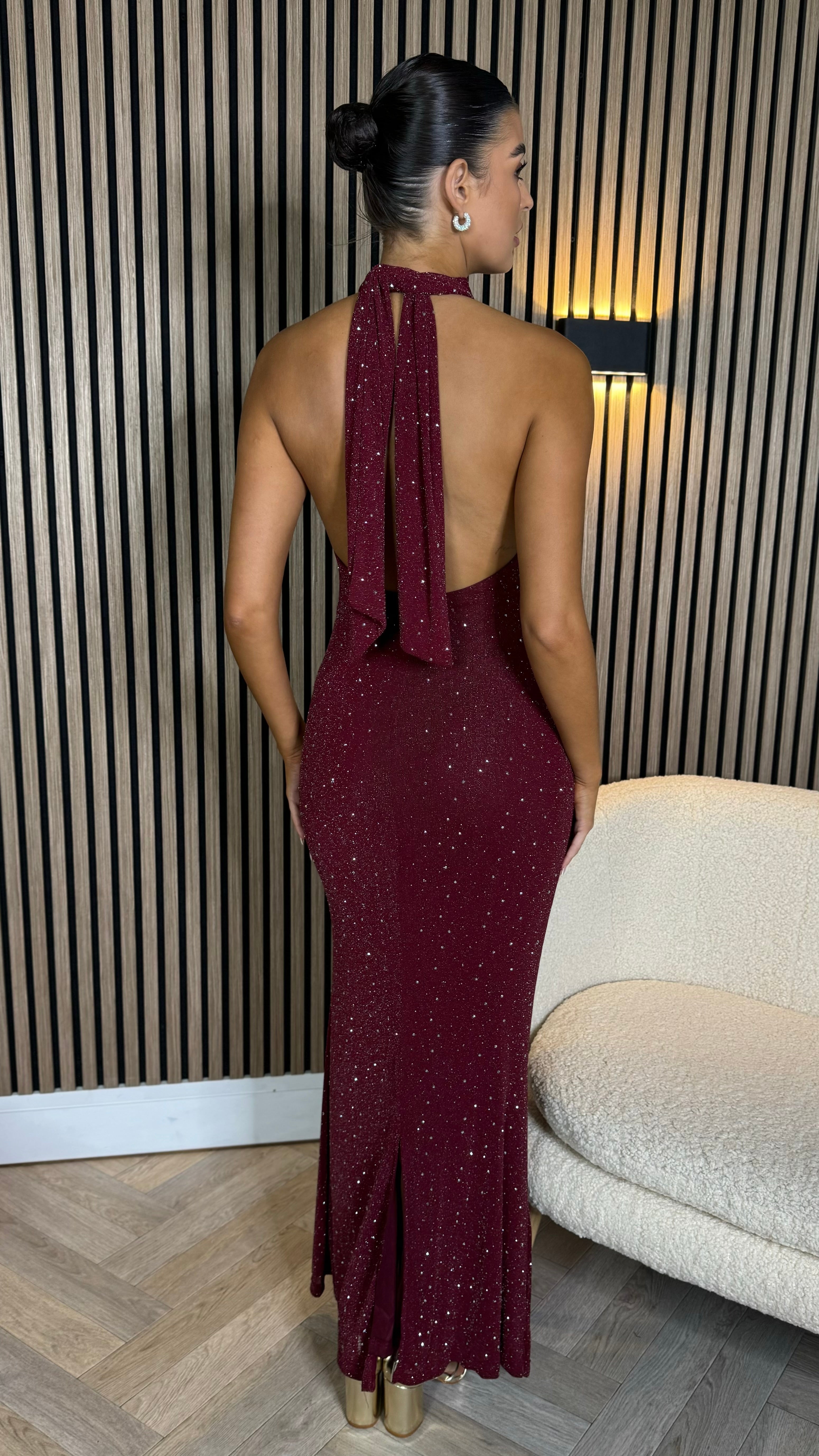 Zelda Burgundy Sparkle Halter Neck Maxi Dress