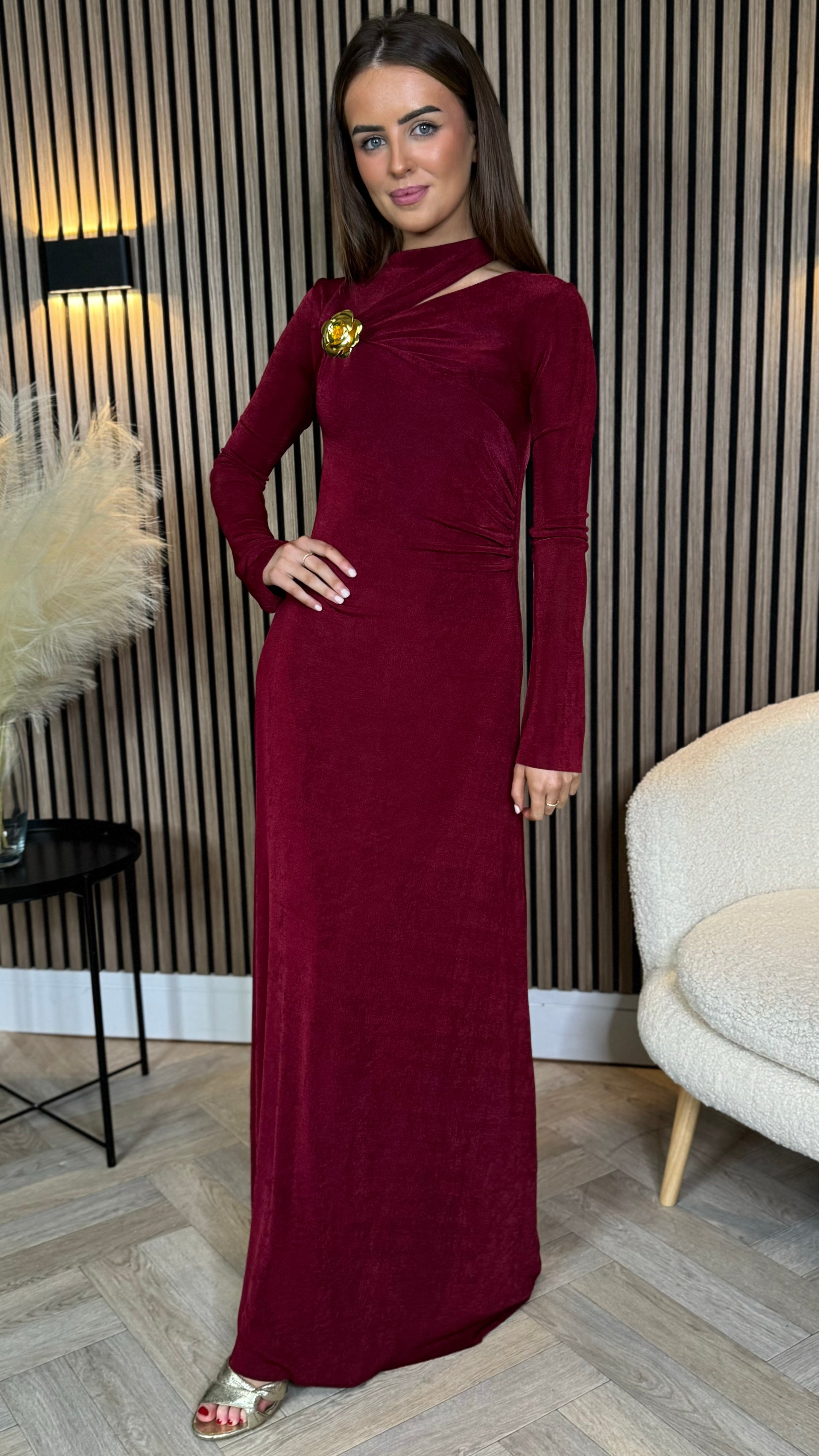 Ayda Burgundy Split Neckline Brooch Detail Maxi Dress