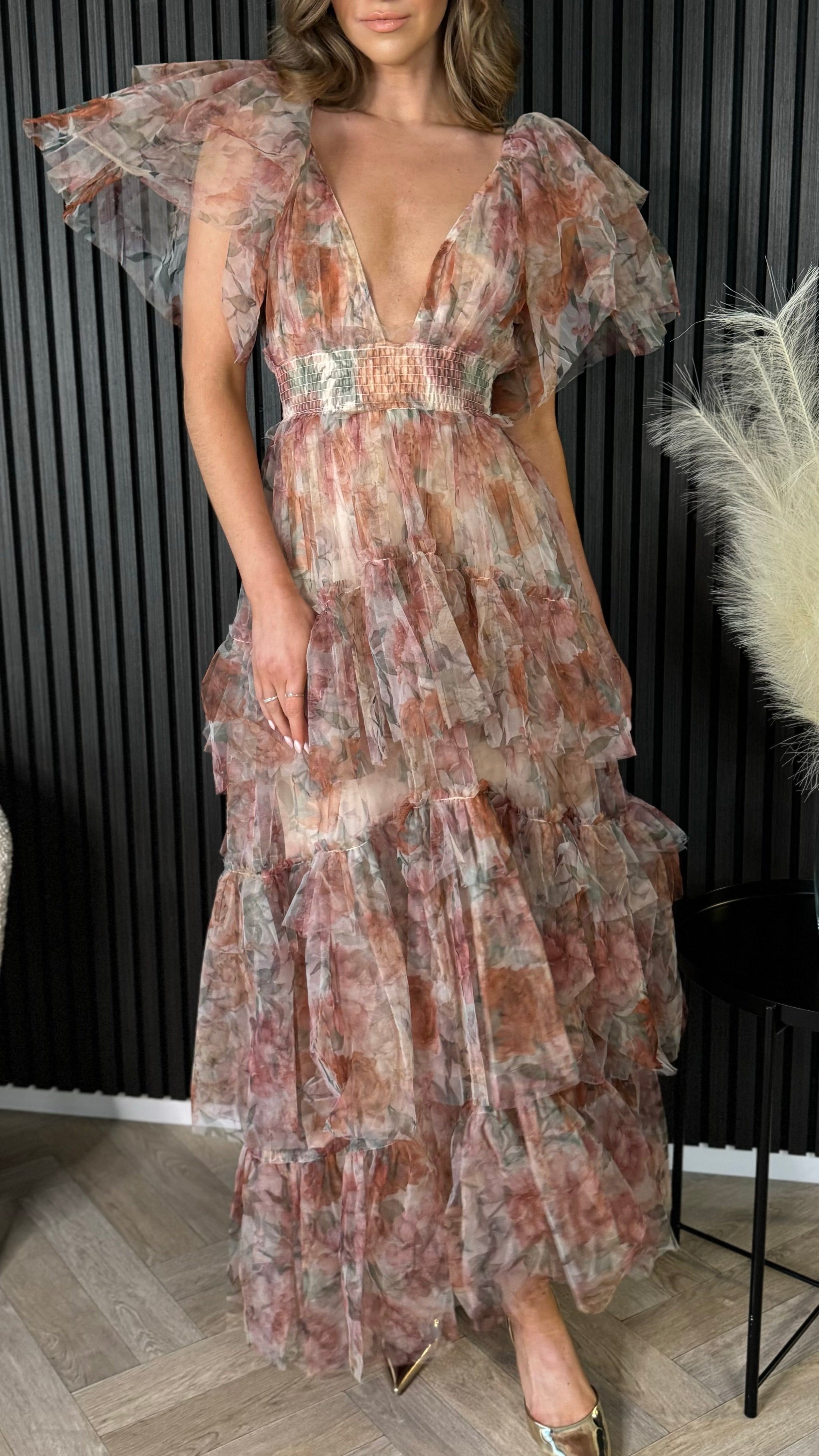 Oceana Brown Floral Print Tulle Maxi Dress