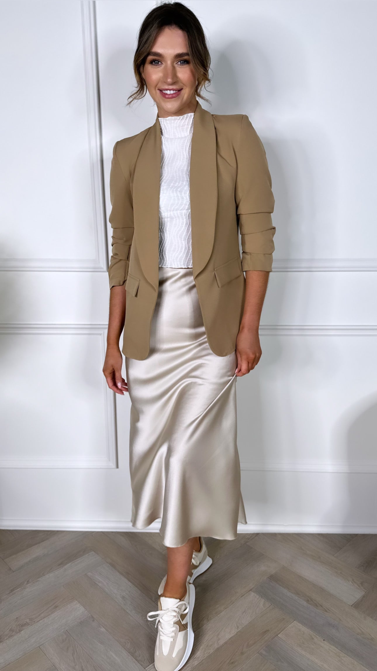 Camel Ruched Sleeve Blazer