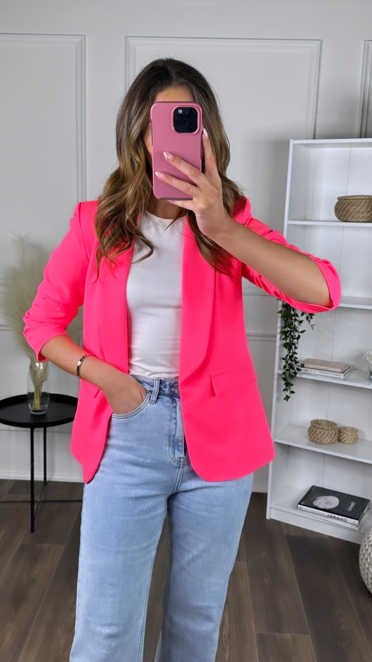 Bright Pink Ruched Sleeve Blazer