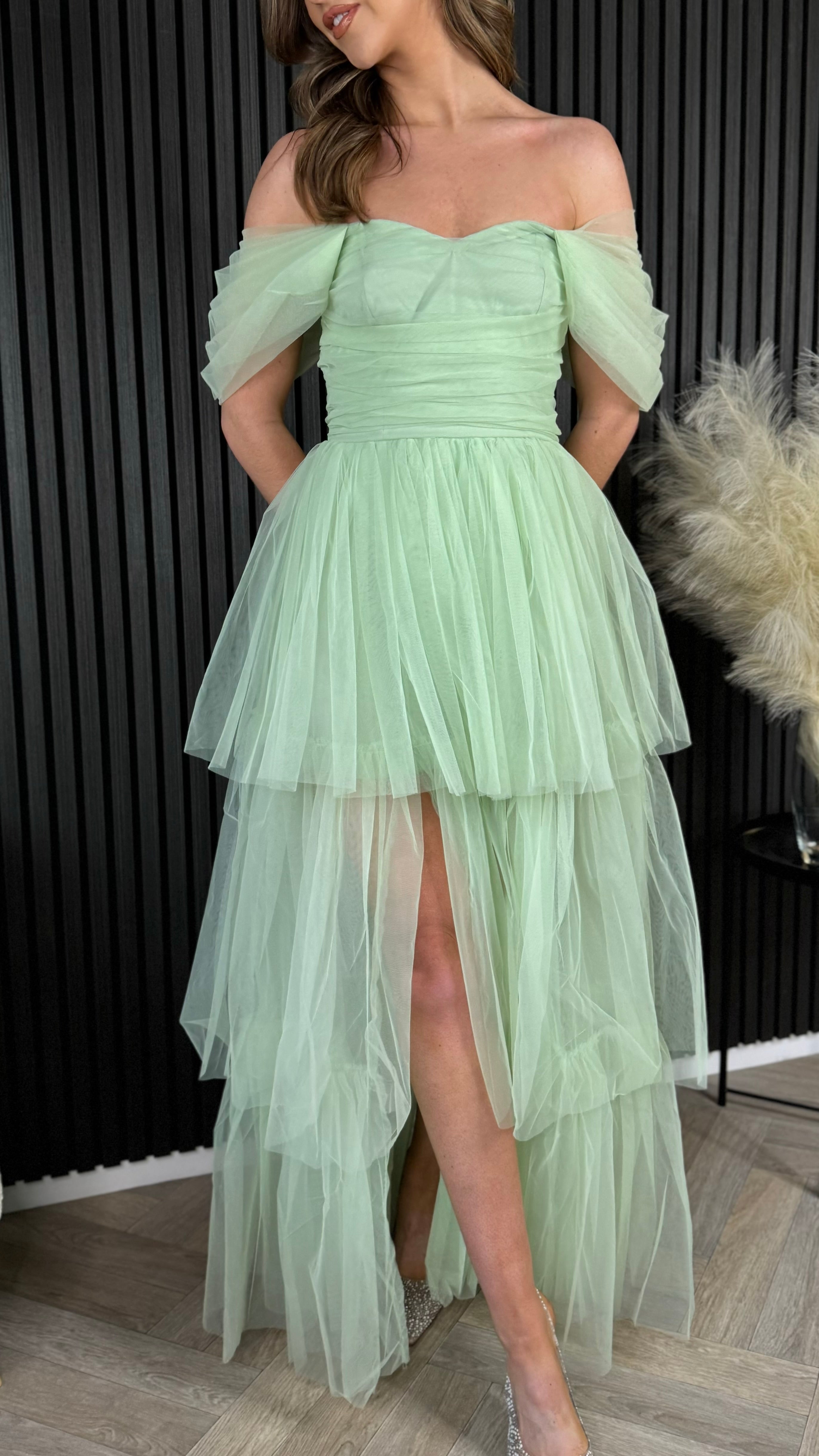 Anastasia Sage Off Shoulder Tulle Maxi Dress