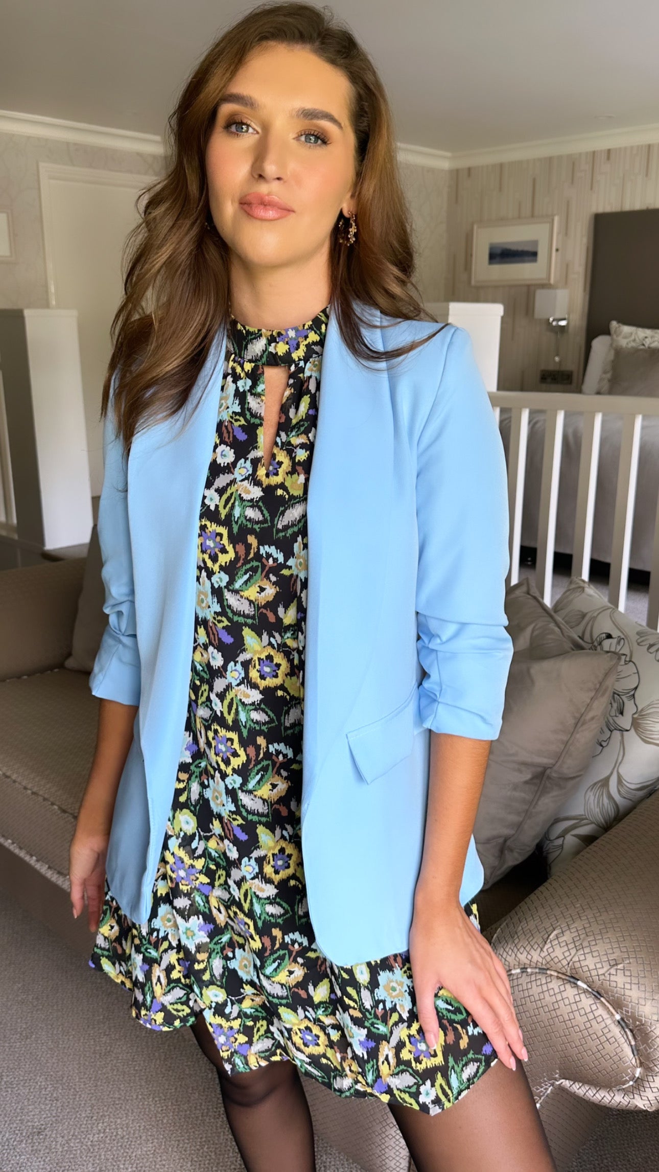 Light Blue Ruched Sleeve Blazer