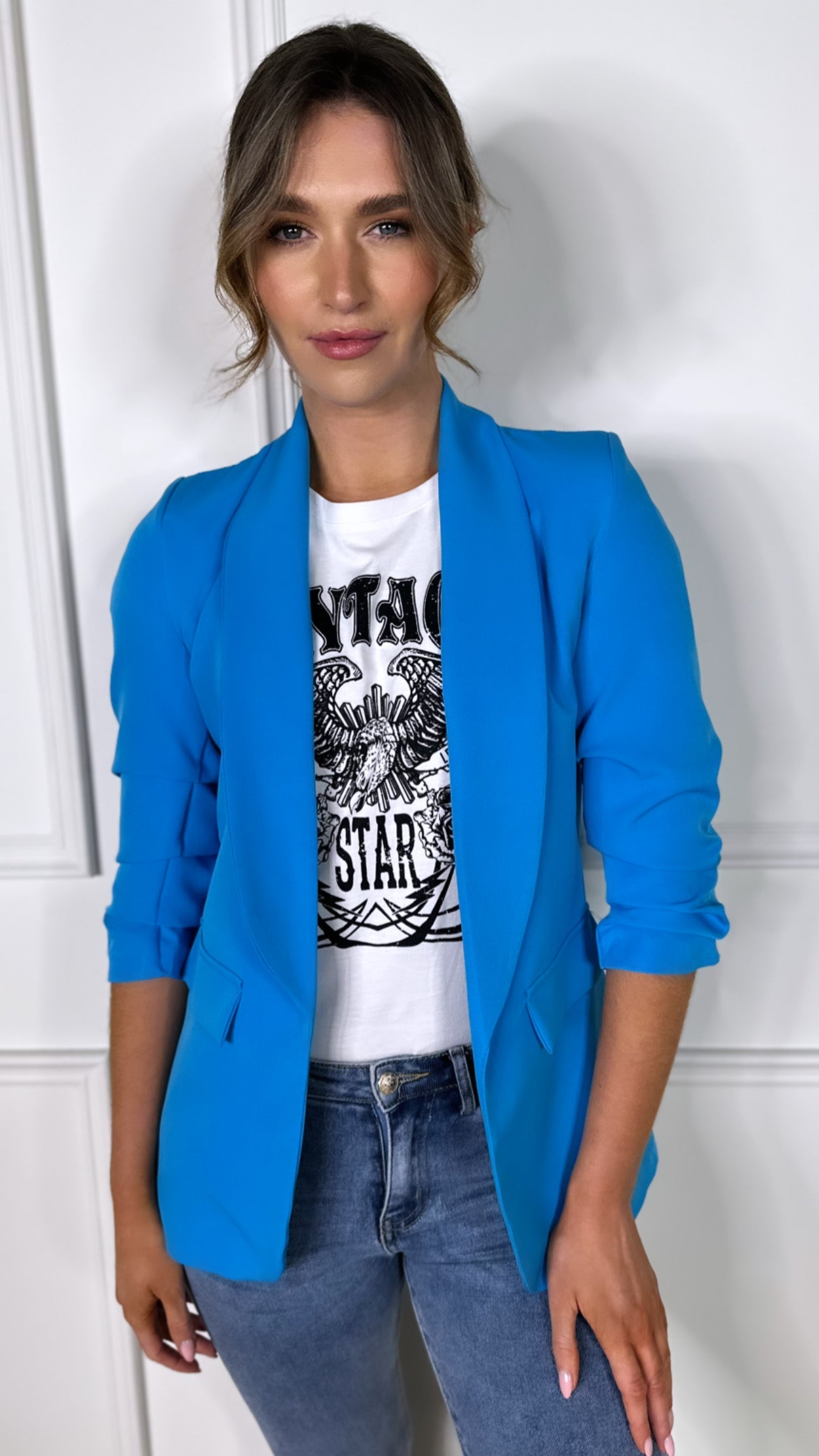 Bright Blue Ruched Sleeve Blazer