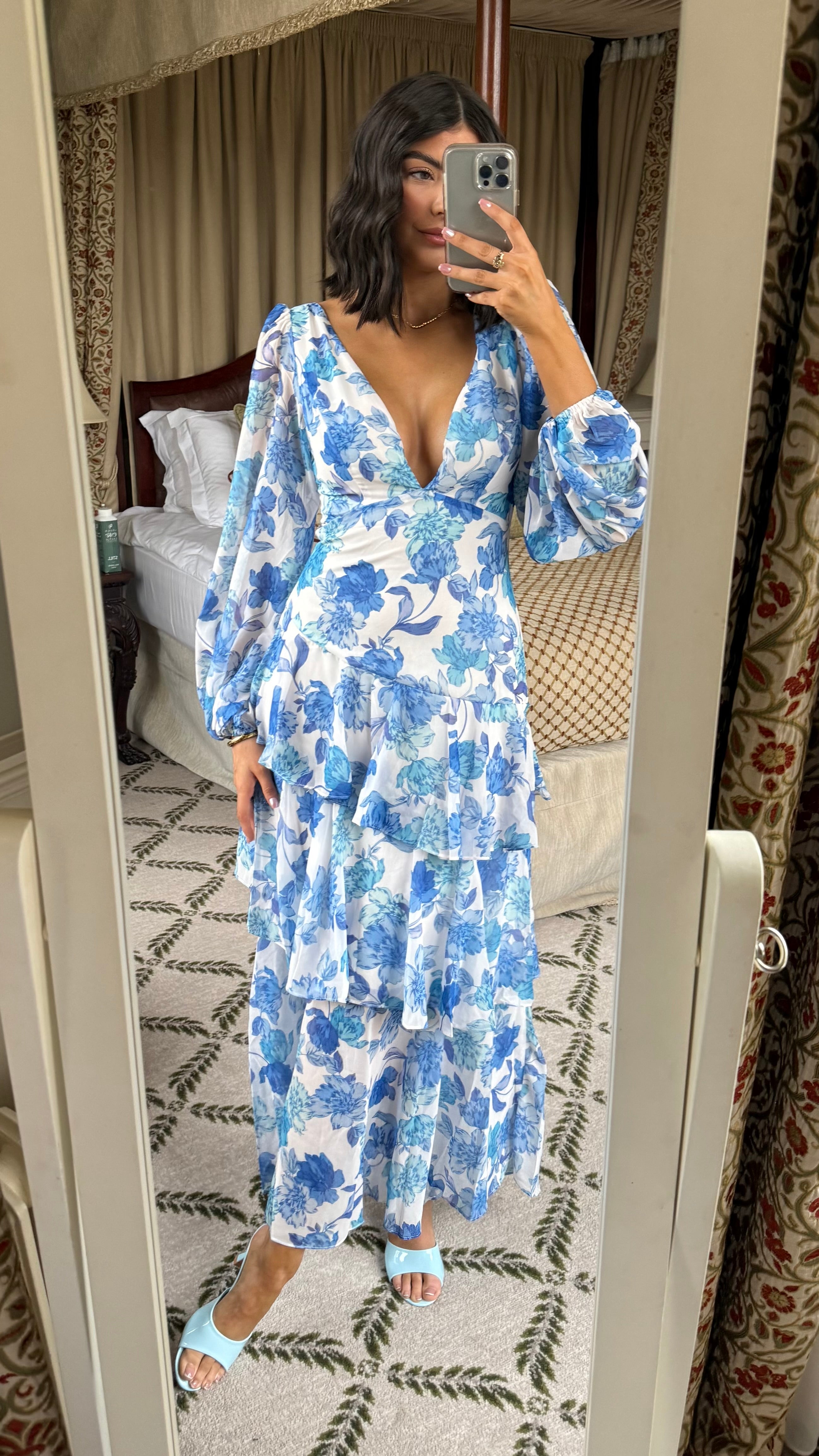 Mariah Blue Floral Tie Back Long Sleeve Tiered Maxi Dress