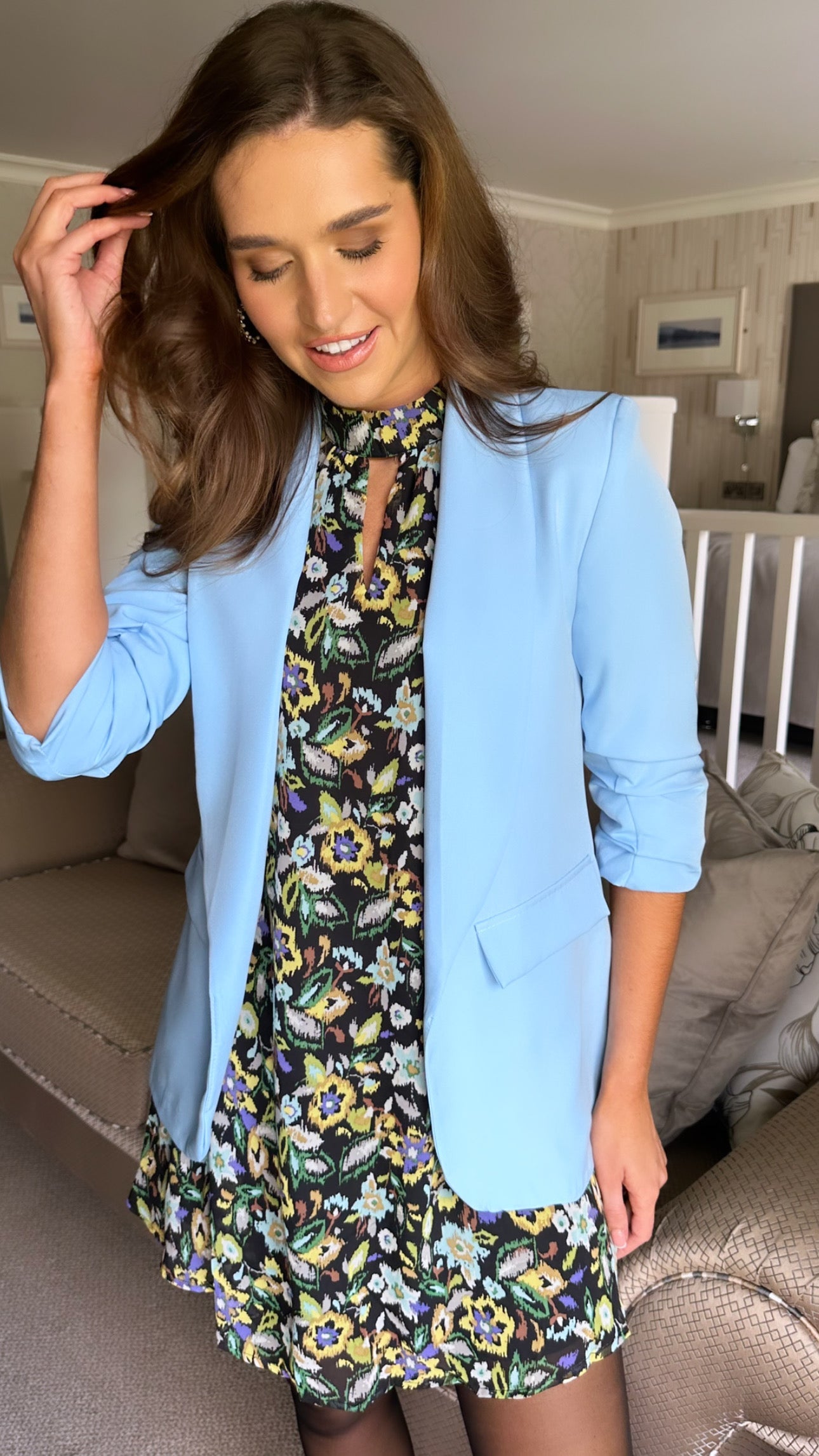 Light Blue Ruched Sleeve Blazer