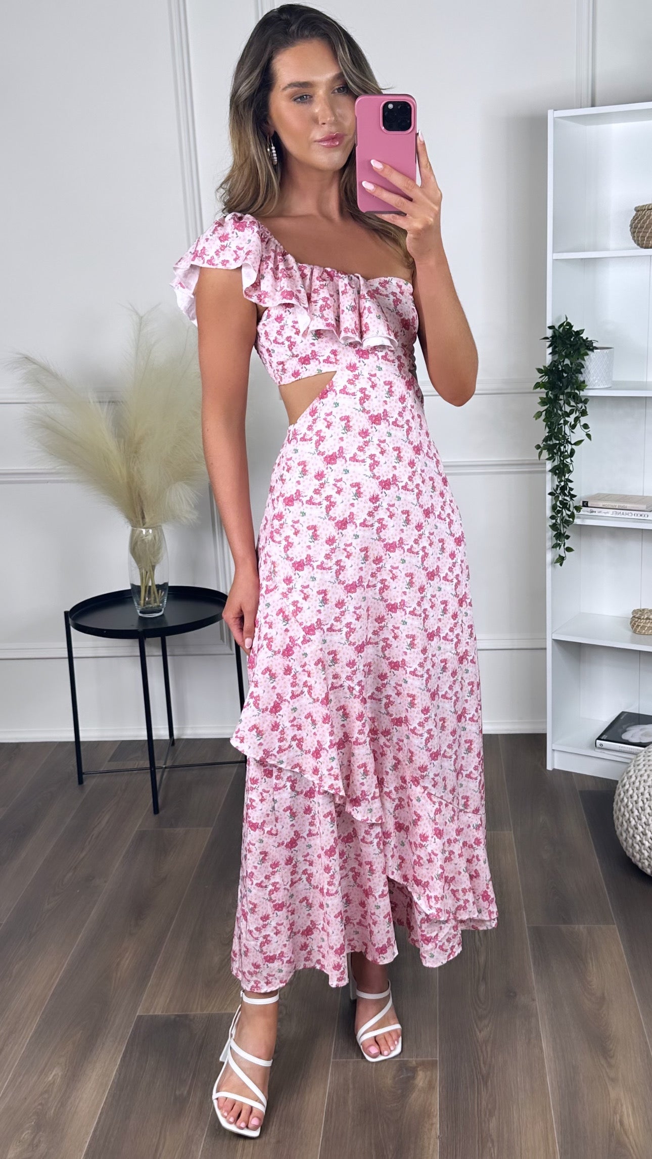 Natalya Pink Floral Printed One Shoulder Cut Out Maxi Dress