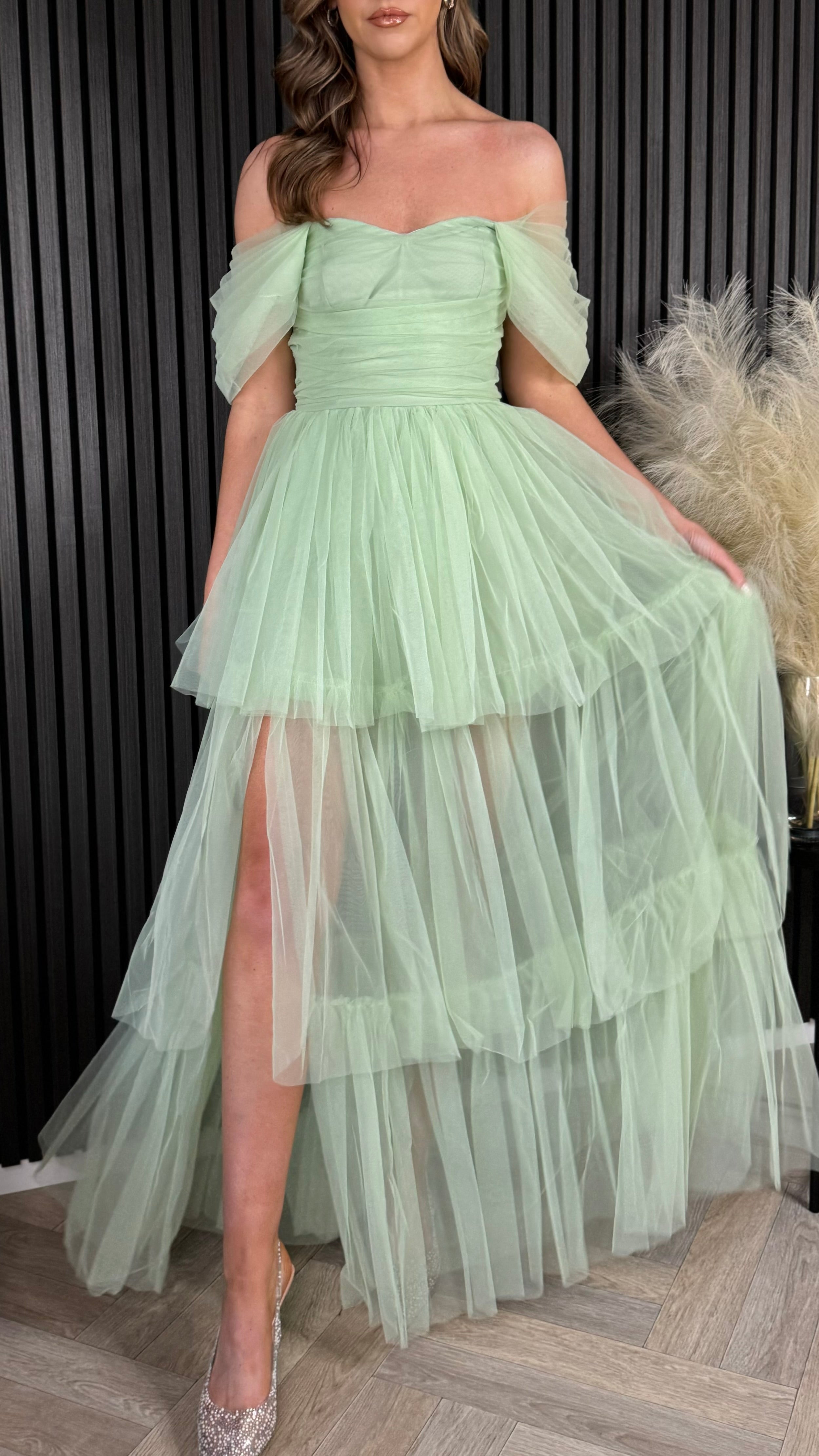 Anastasia Sage Off Shoulder Tulle Maxi Dress