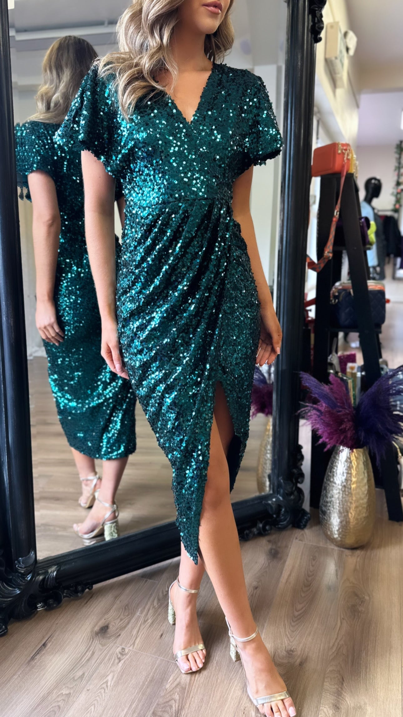 Shalima Green Sequin Wrap Over Maxi Dress