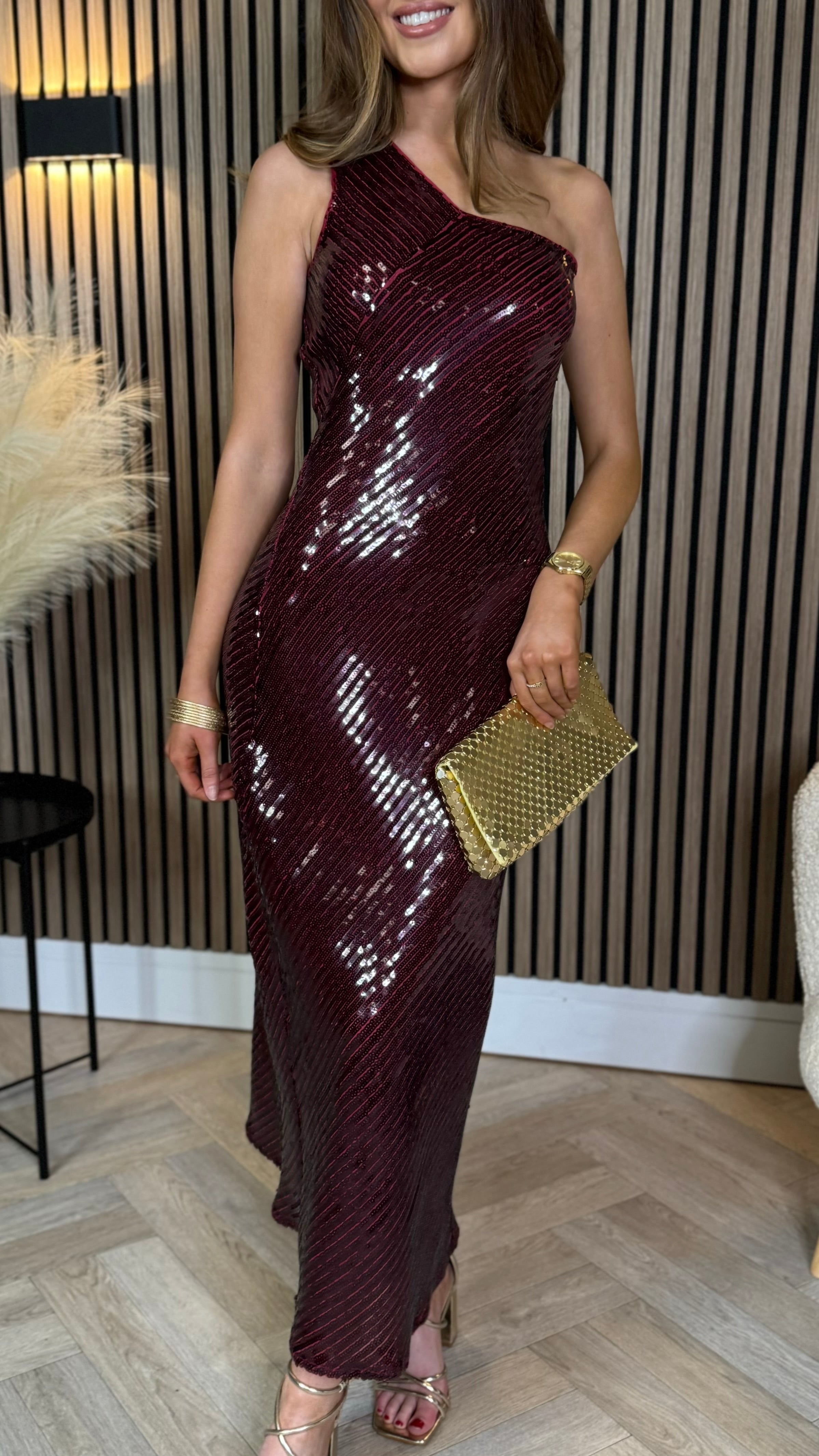 Kendall Burgundy Sequin One Shoulder Maxi Dress