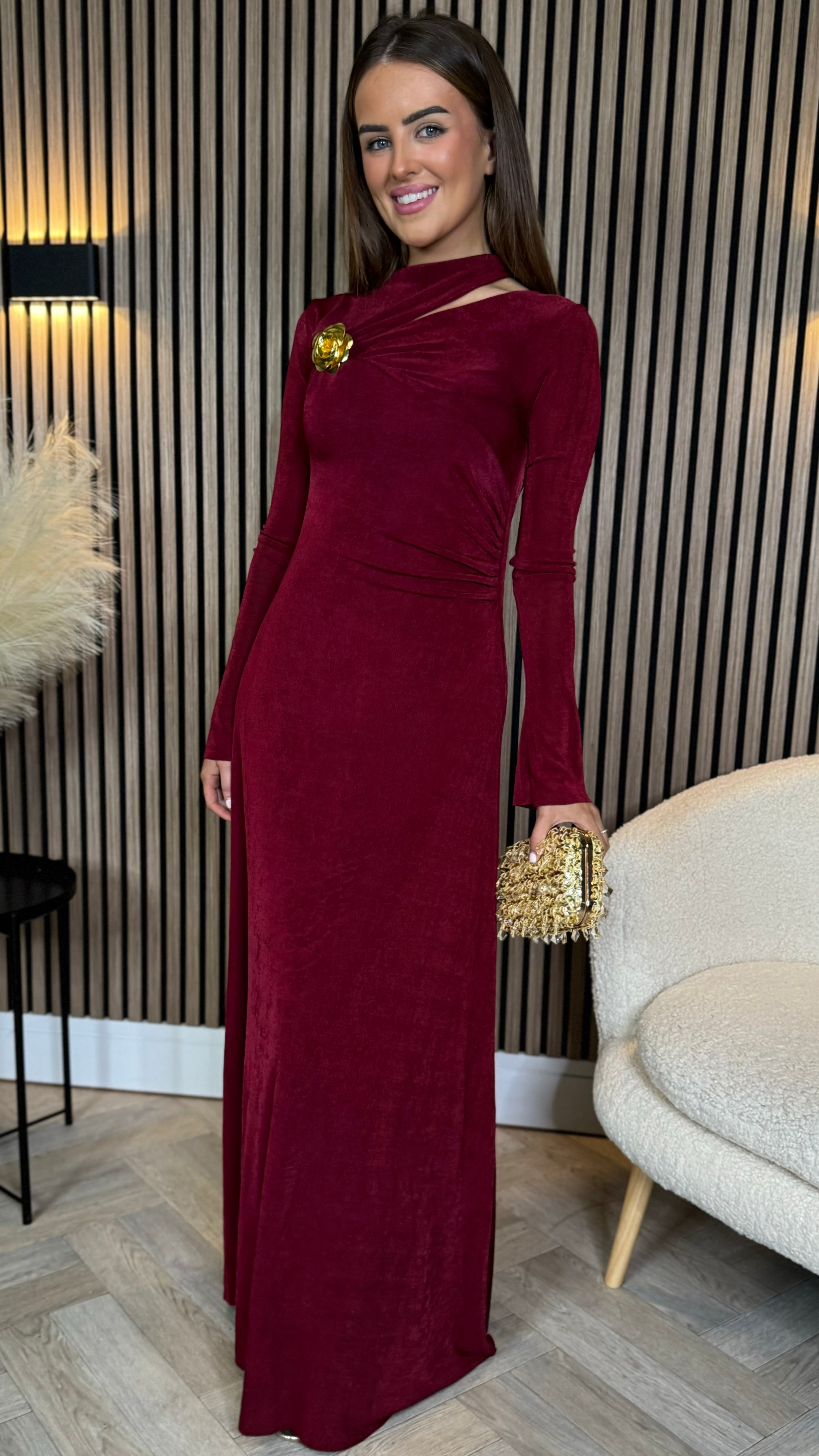 Ayda Burgundy Split Neckline Brooch Detail Maxi Dress