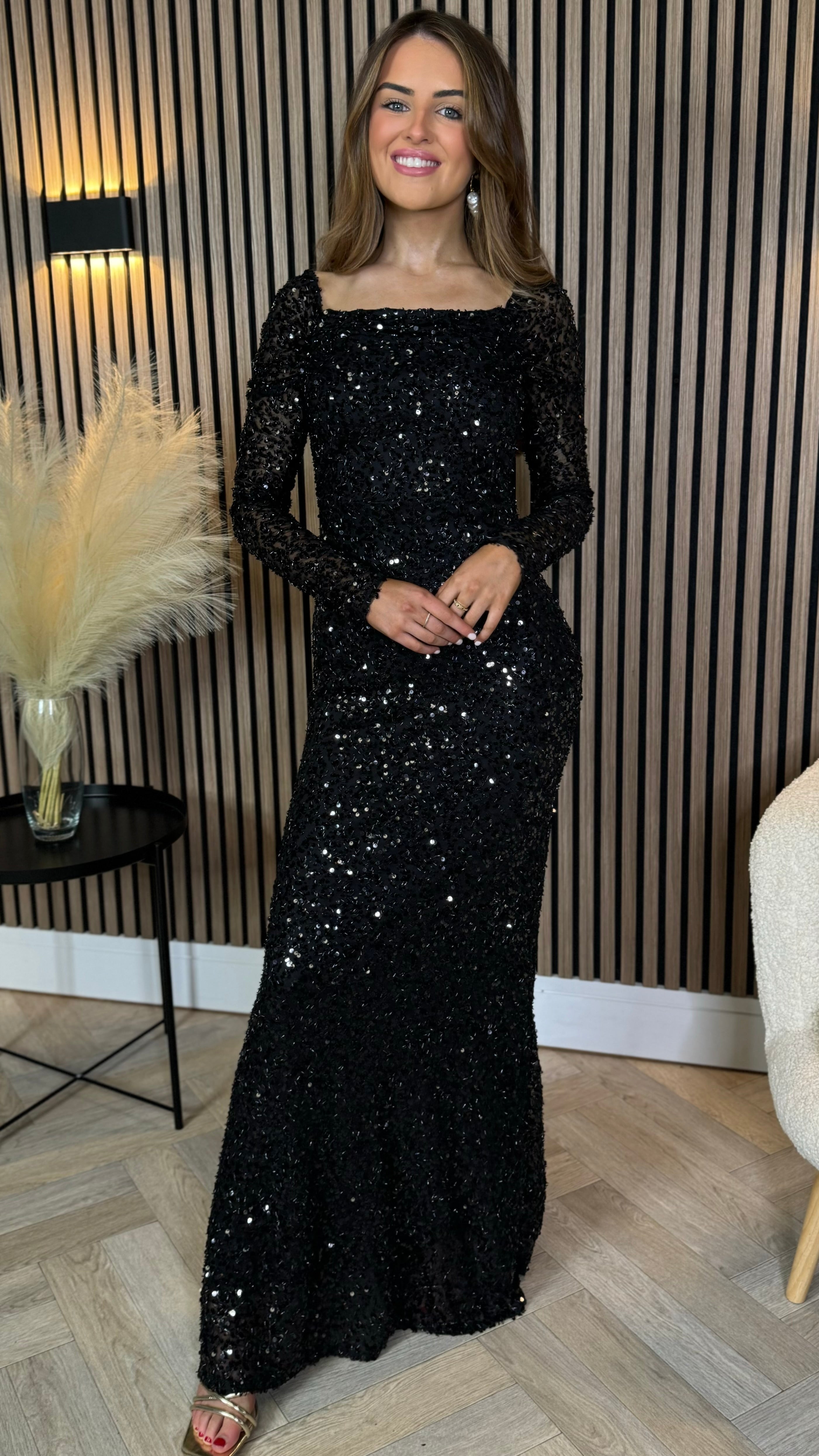 Rio Black Sequin Detail Off Shoulder Long Sleeve Maxi Dress