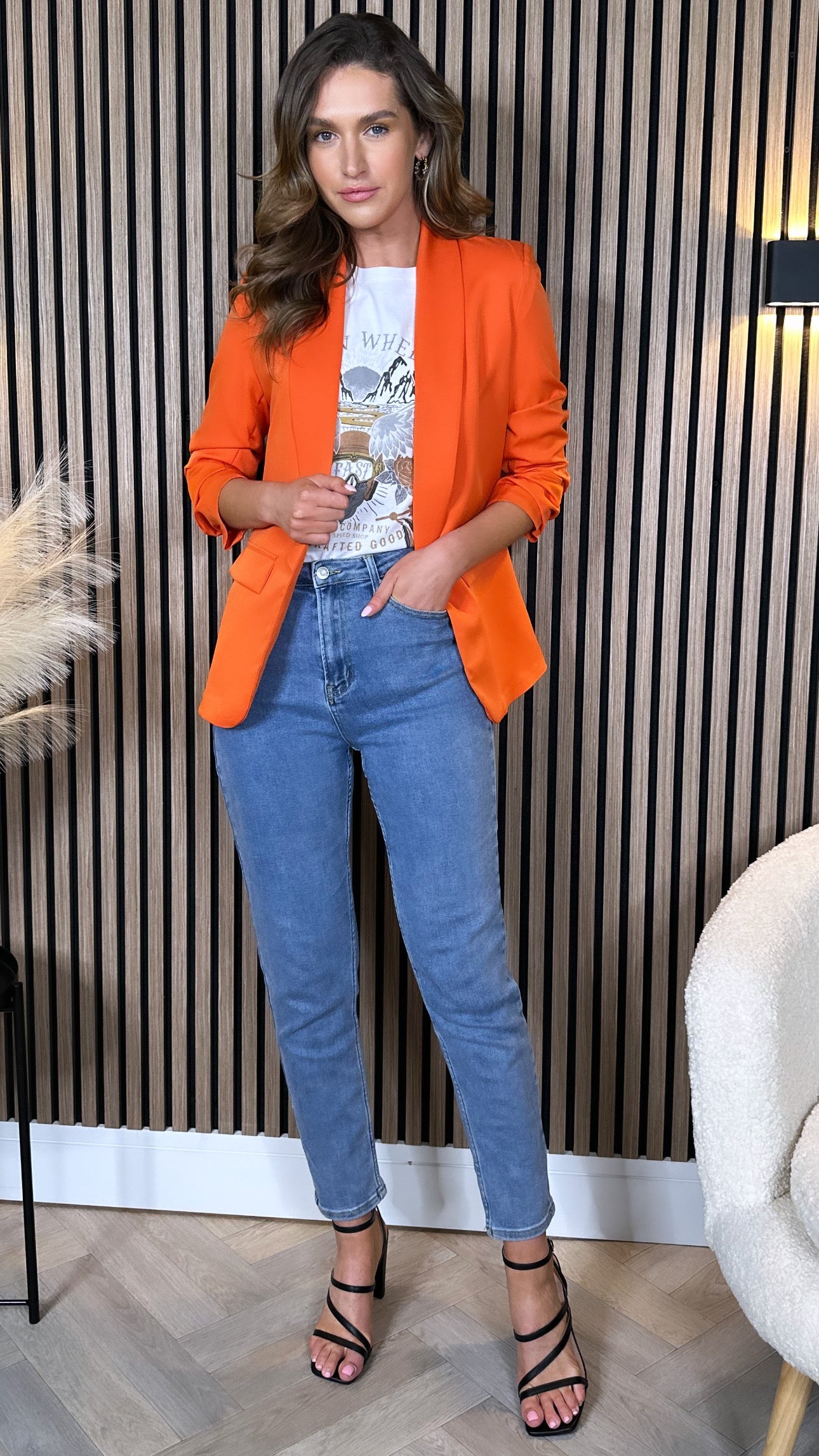 Orange Ruched Sleeve Blazer