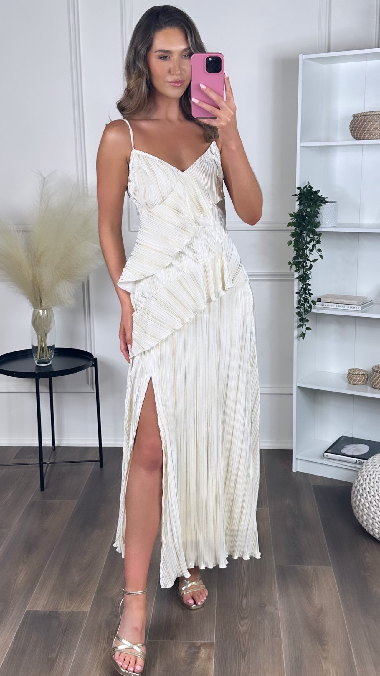 Shelby Cream & Gold Strappy Frill Detail Maxi dress