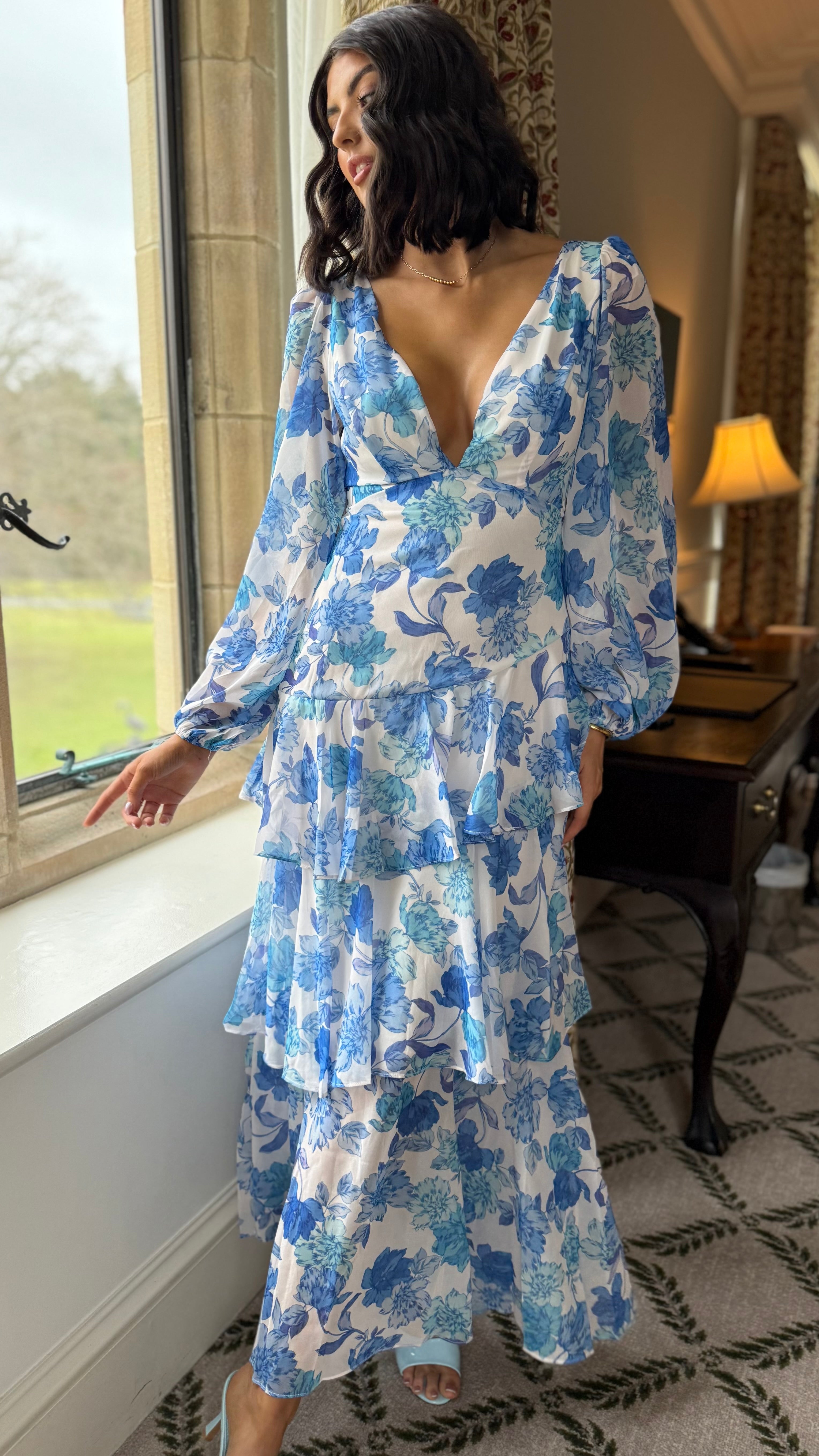 Mariah Blue Floral Tie Back Long Sleeve Tiered Maxi Dress