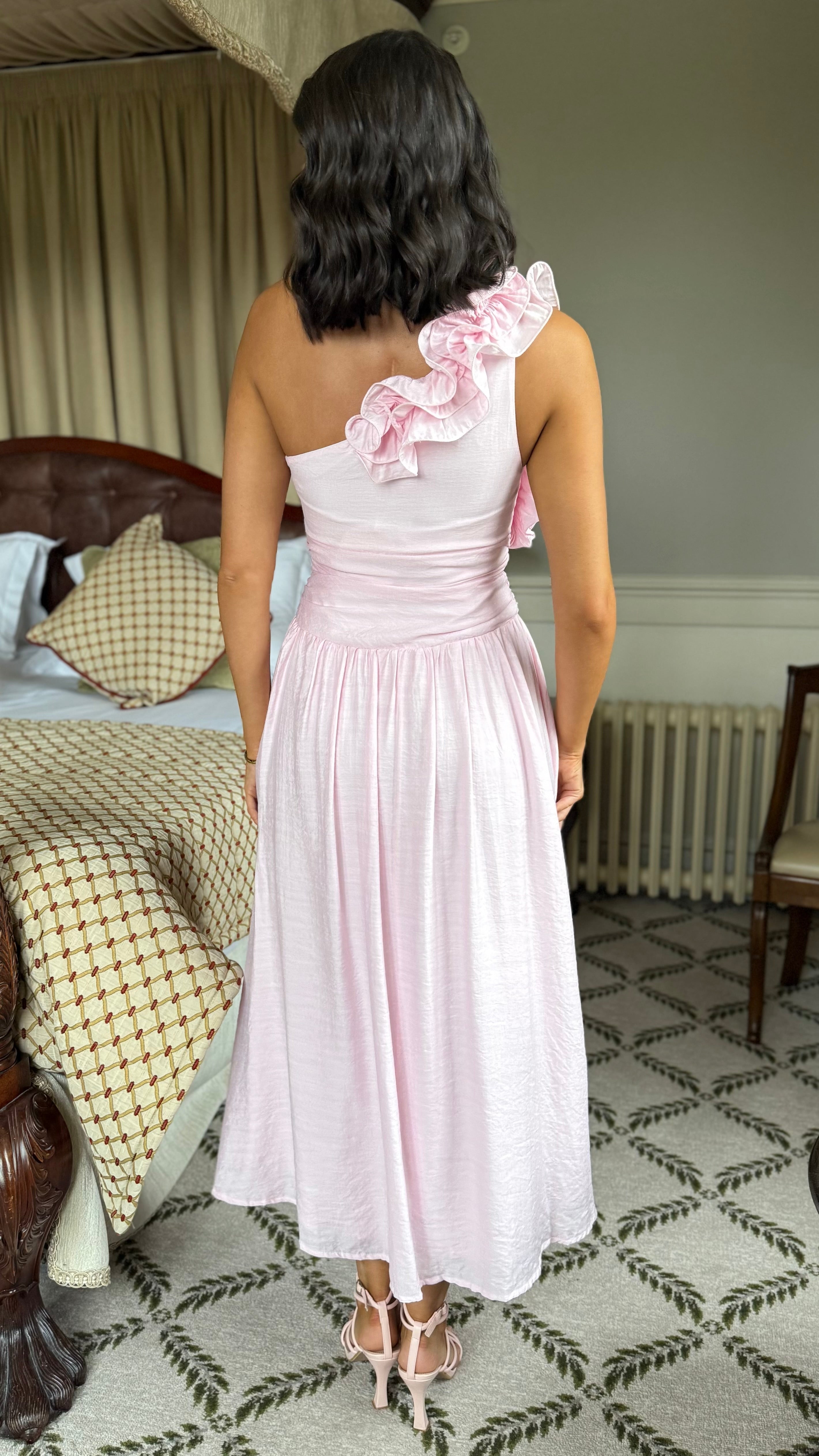 Francesca Baby Pink One Shoulder Ruffle Maxi Dress