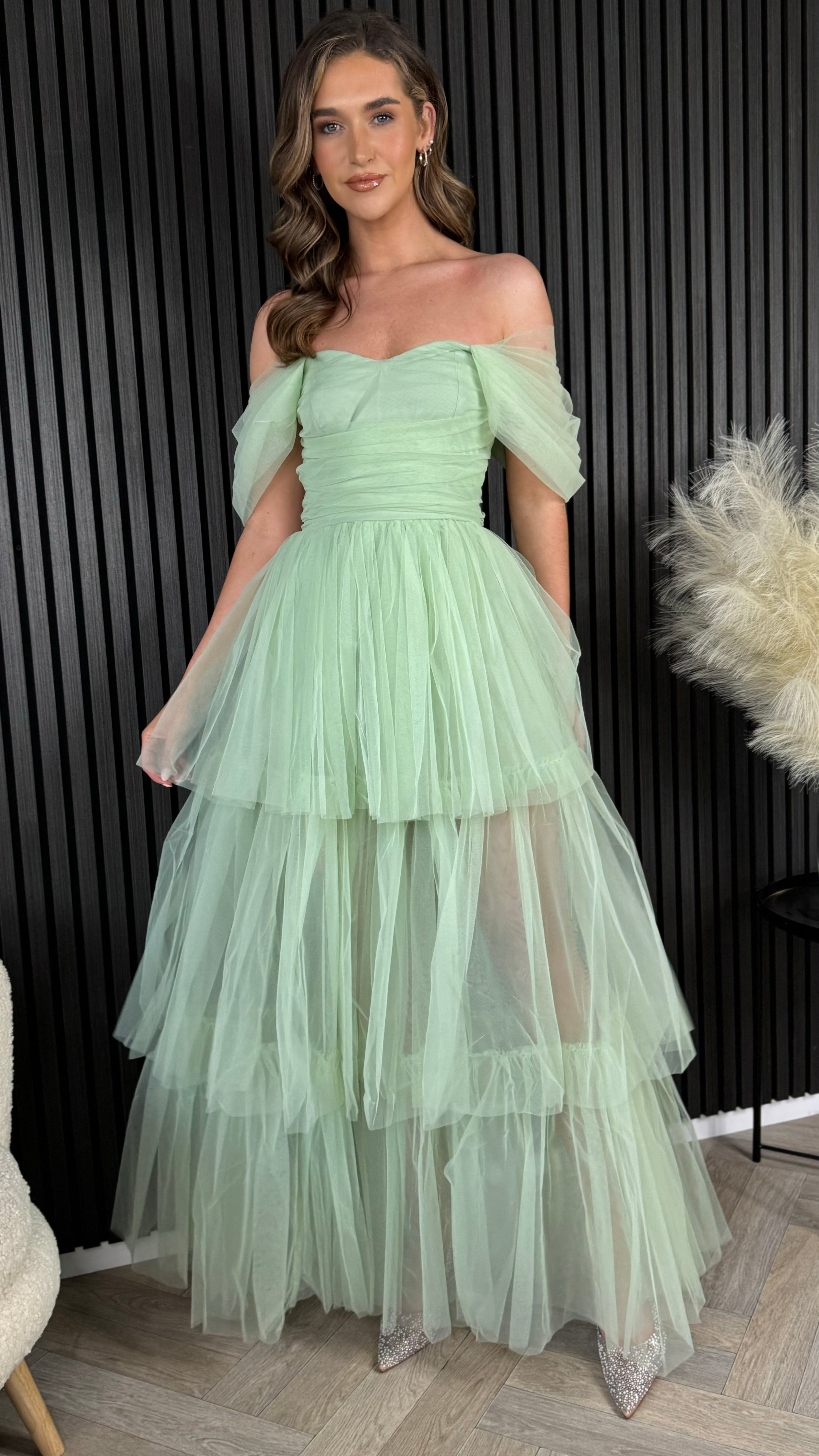 Anastasia Sage Off Shoulder Tulle Maxi Dress