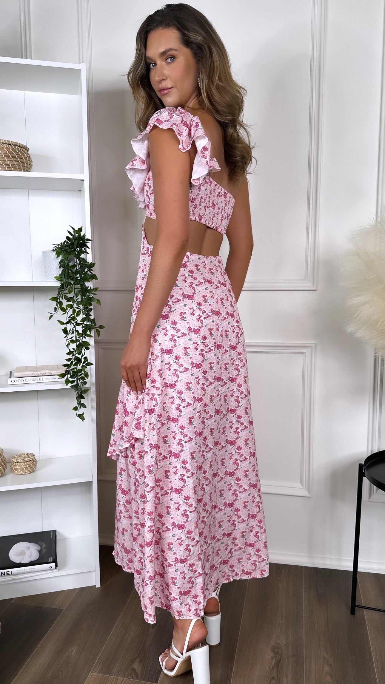 Natalya Pink Floral Printed One Shoulder Cut Out Maxi Dress