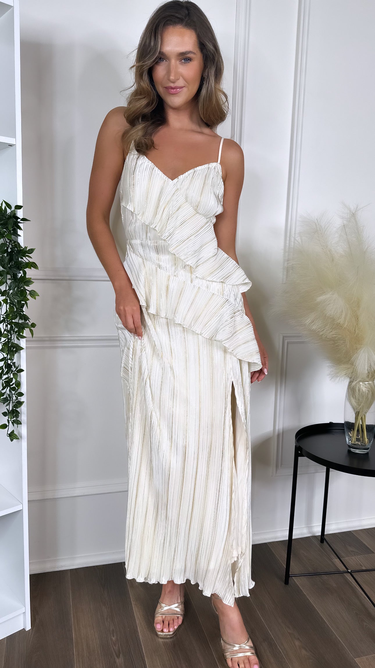 Shelby Cream & Gold Strappy Frill Detail Maxi dress