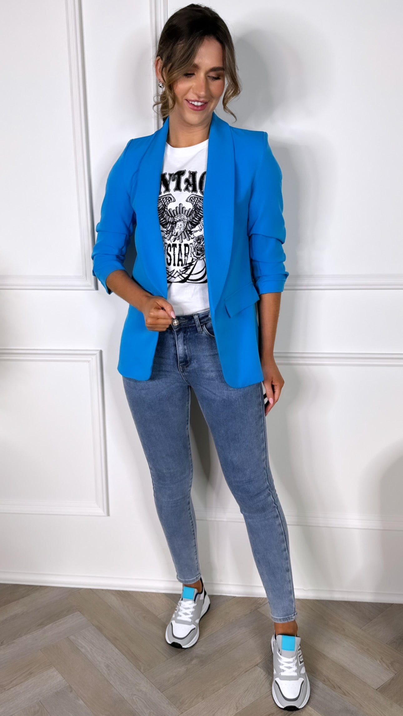 Bright Blue Ruched Sleeve Blazer