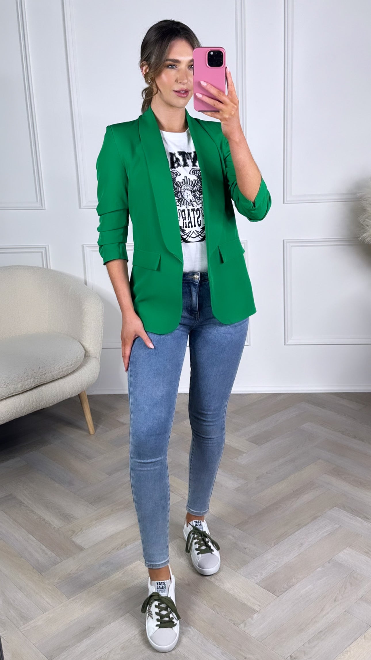 Bright Green Ruched Sleeve Blazer