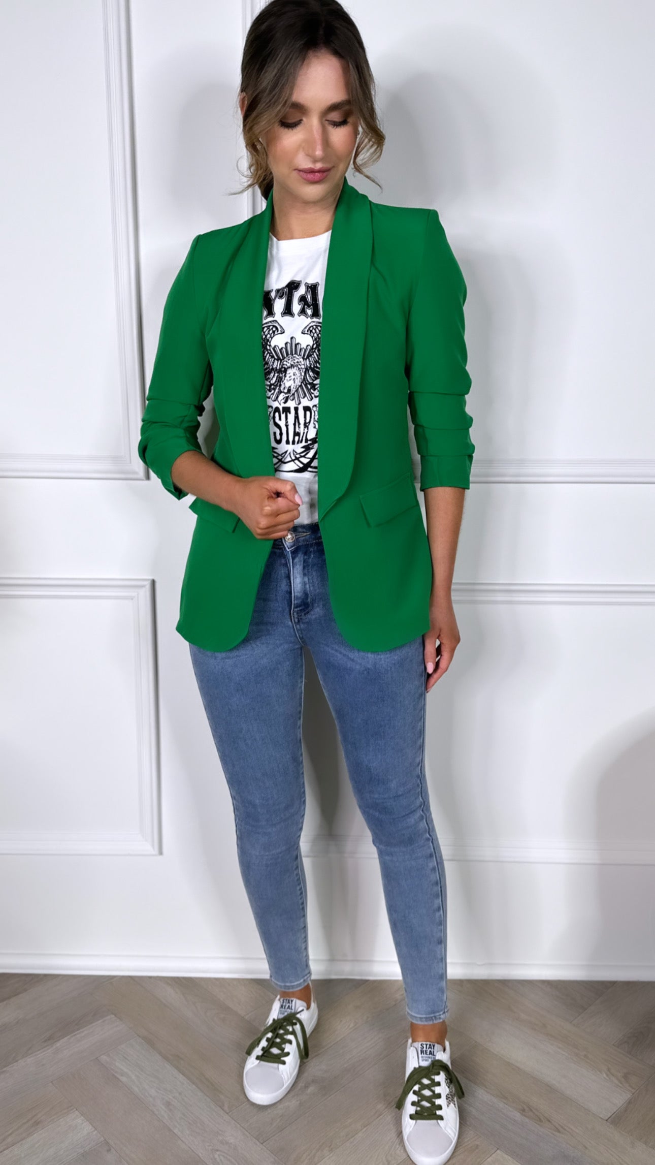 Bright Green Ruched Sleeve Blazer