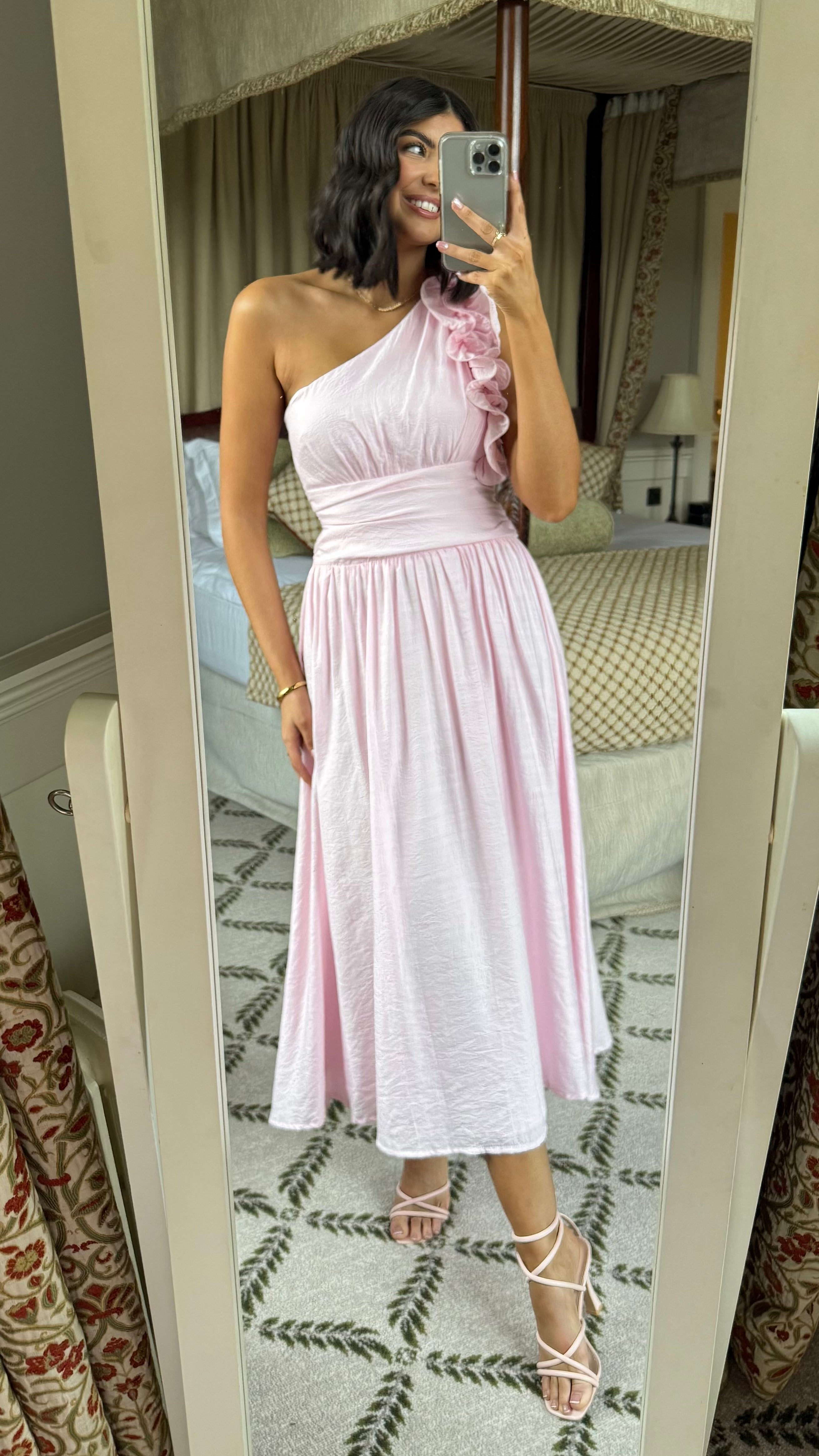 Francesca Baby Pink One Shoulder Ruffle Maxi Dress