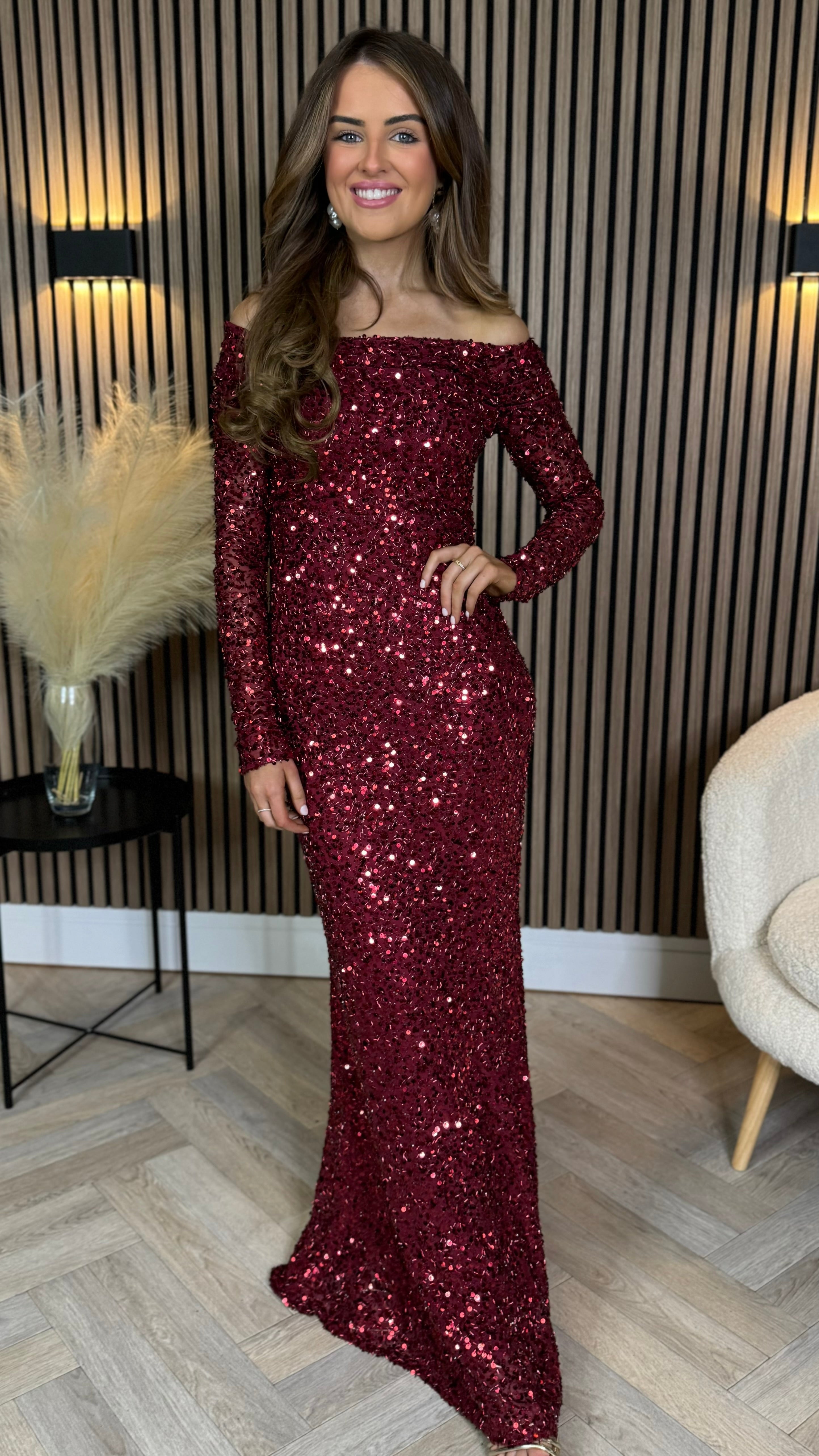 Rio Red Sequin Detail Off Shoulder Long Sleeve Maxi Dress